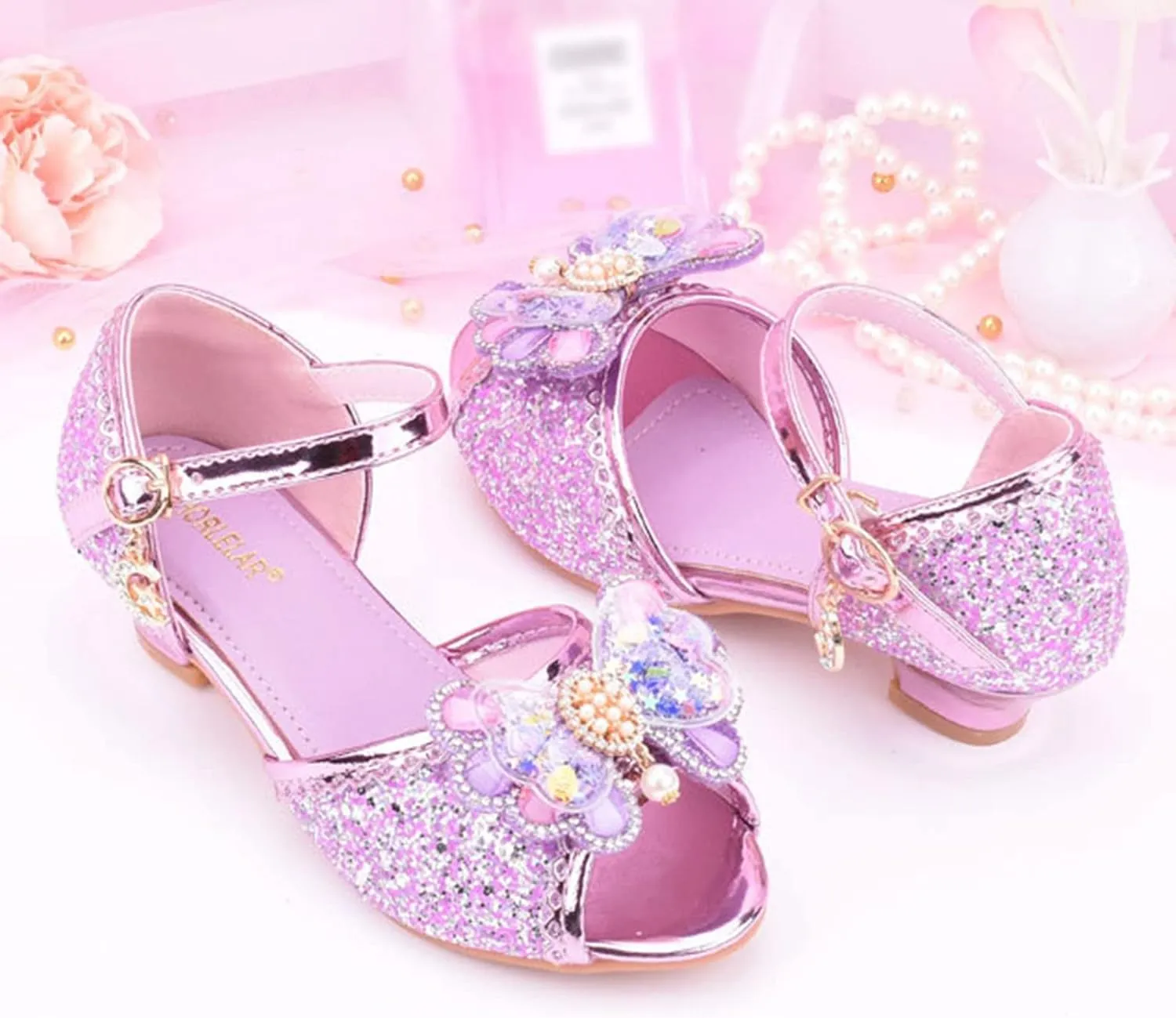 Little Girls Glitter Sandals Low Heels Shiny Dress Shoes with Bow Party Wedding Flower Girl Shoe for Toddler Kids
