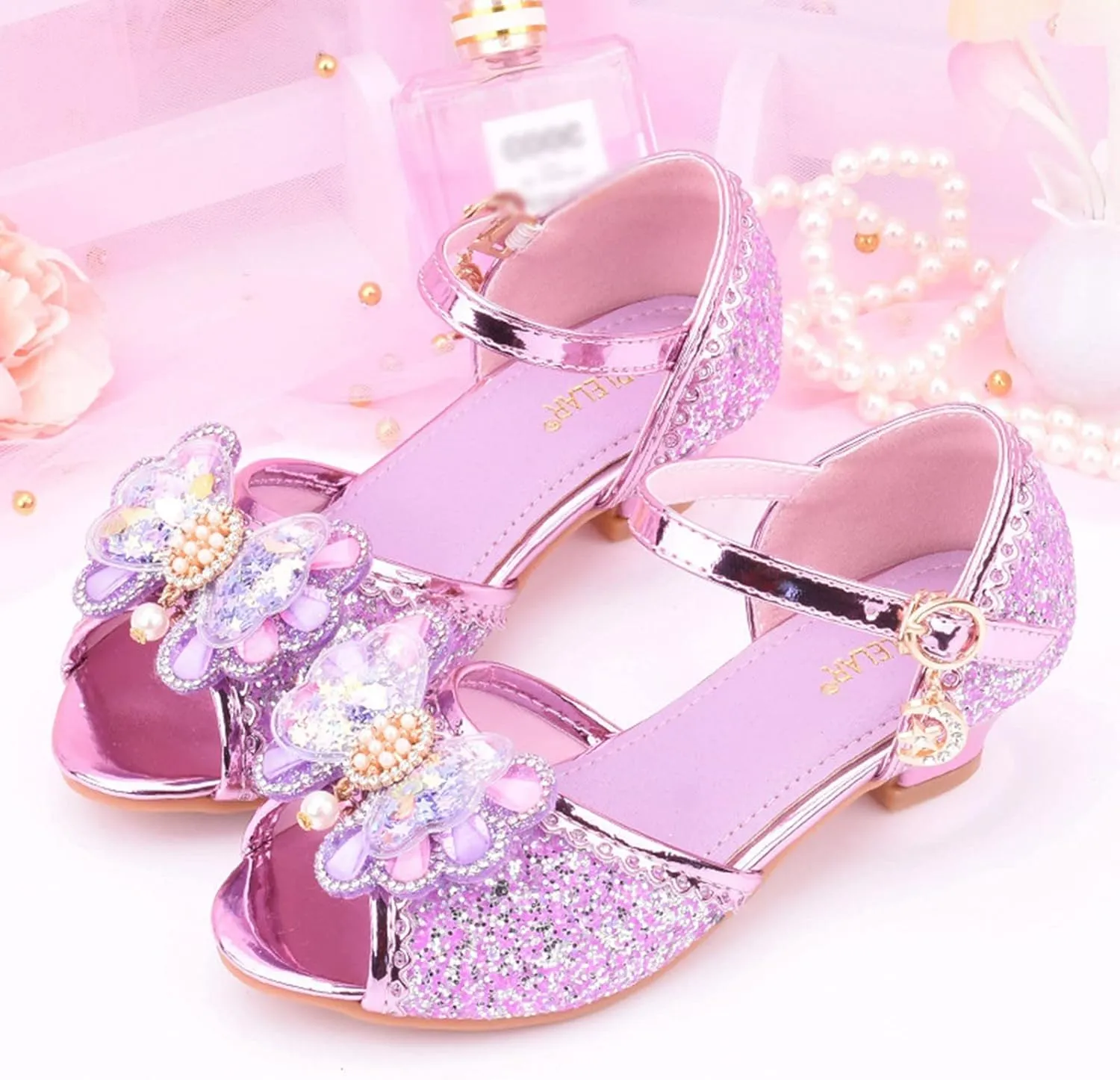 Little Girls Glitter Sandals Low Heels Shiny Dress Shoes with Bow Party Wedding Flower Girl Shoe for Toddler Kids