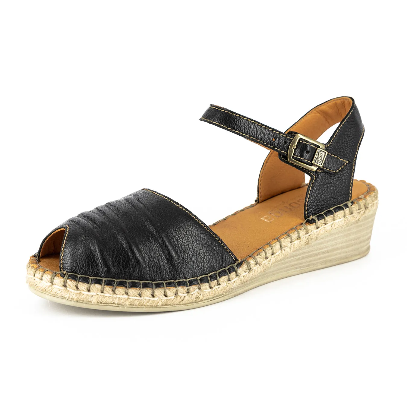 Lontoza : Ladies Leather Wedge Espadrille in Black Cayak