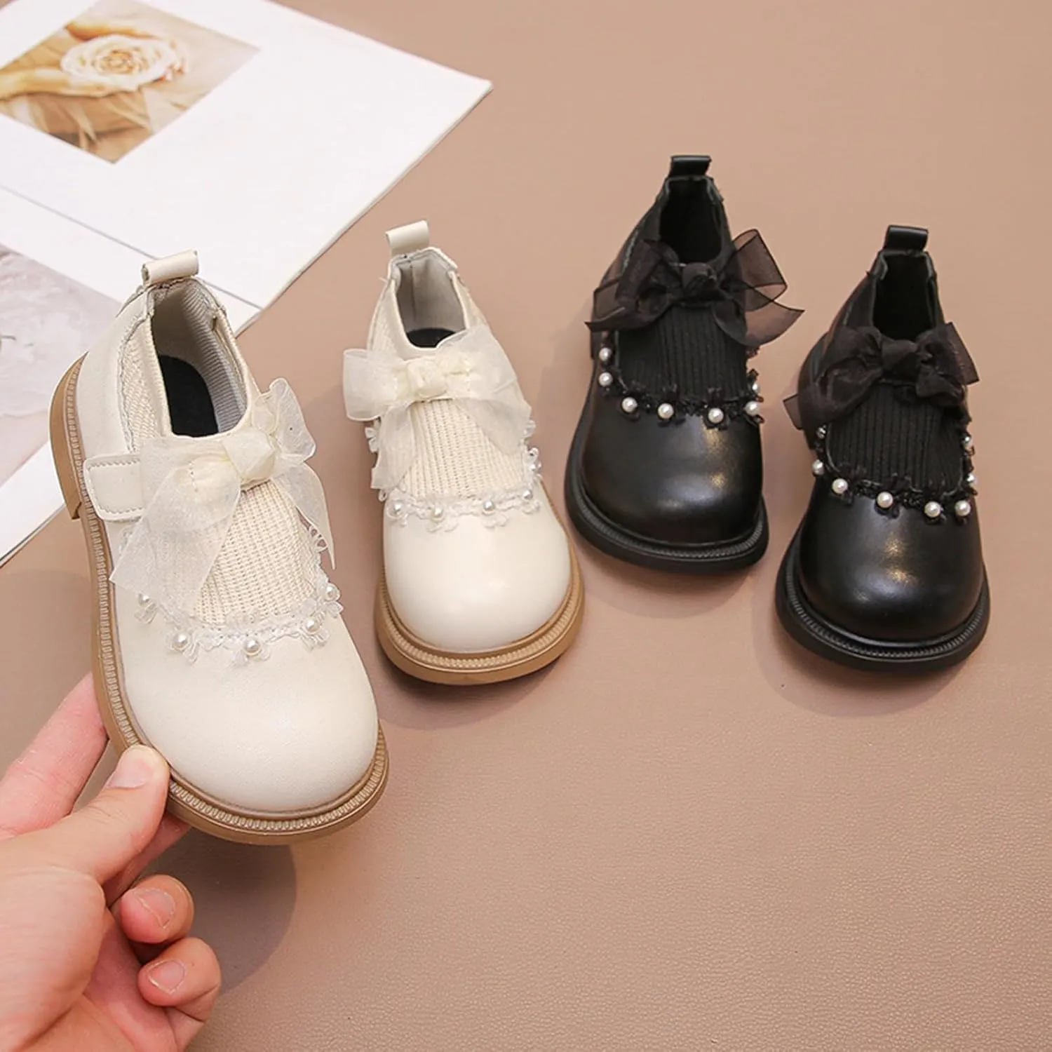Mary Jane Girls Shoes Pearls Bow Knot School ??xford Flat?? Non-Slip Hook and Loop Leather Girls Snow Boots Size 6