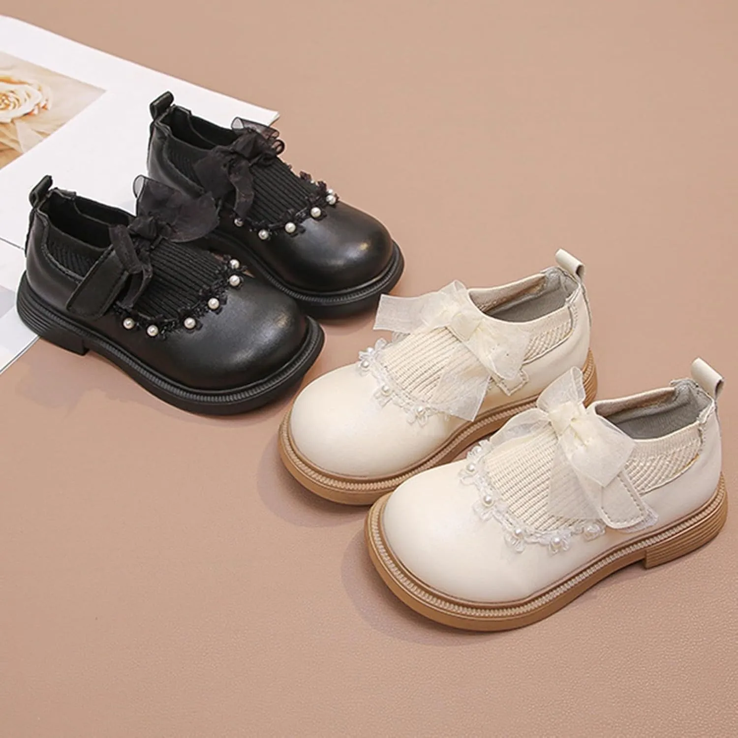 Mary Jane Girls Shoes Pearls Bow Knot School ??xford Flat?? Non-Slip Hook and Loop Leather Girls Snow Boots Size 6