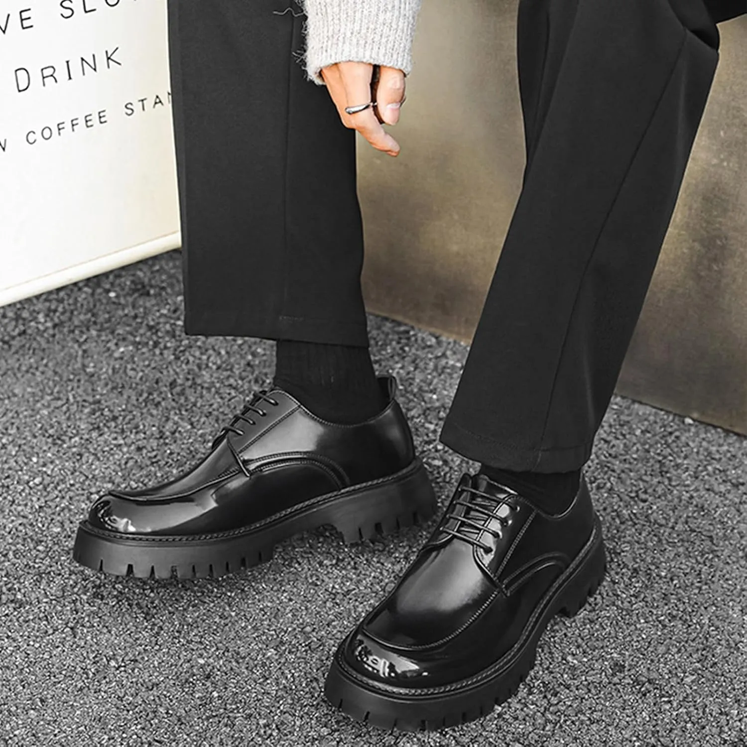 Men's Leather Platform Formal Derby Shoes Round Toe Lug Sole Lace Up Dress Shoes Casual Work Office Business Oxfords