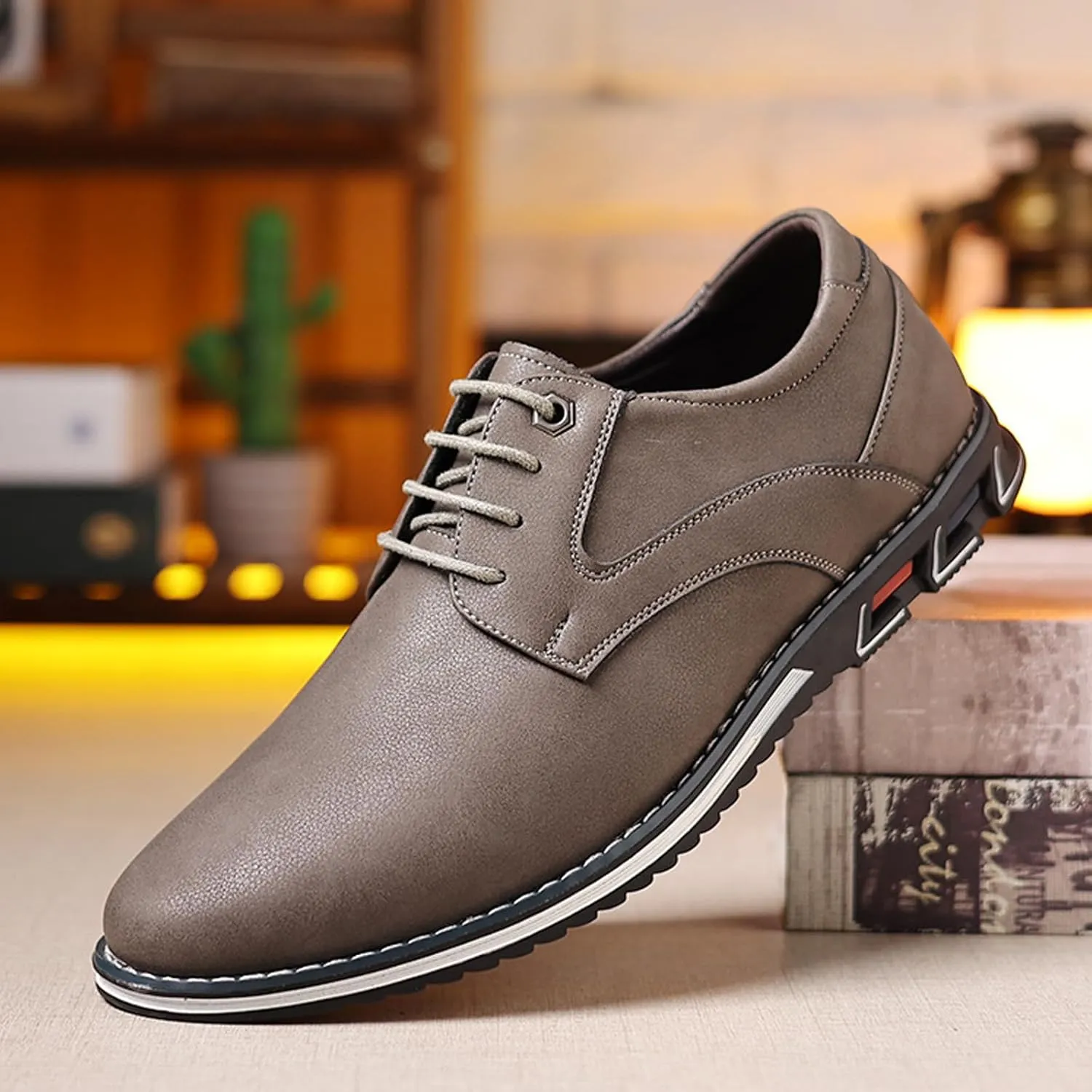 Men'S Leather Slip-On Flat Orthopedic Oxford Shoes Fashion Breathable Round Toe Lace-Up Non-Slip Casual Oxford Sneakers Driving Office Business Dress Derby Shoes