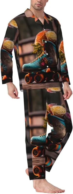 Mens Pajamas Set - Classic Floral Blue Skate Shoes Long Sleeve Sleepwear Nightwear Pjs Lounge Pajama Sets For Men