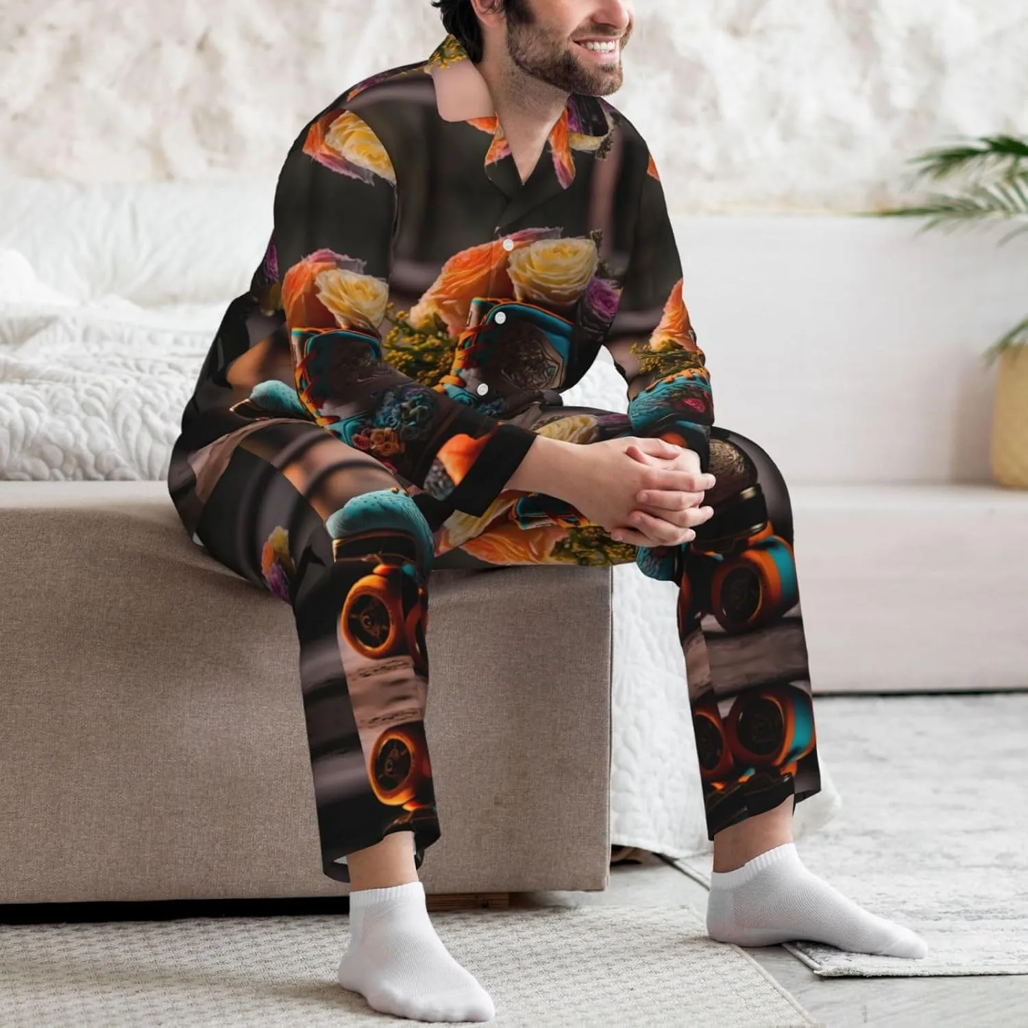 Mens Pajamas Set - Classic Floral Blue Skate Shoes Long Sleeve Sleepwear Nightwear Pjs Lounge Pajama Sets For Men