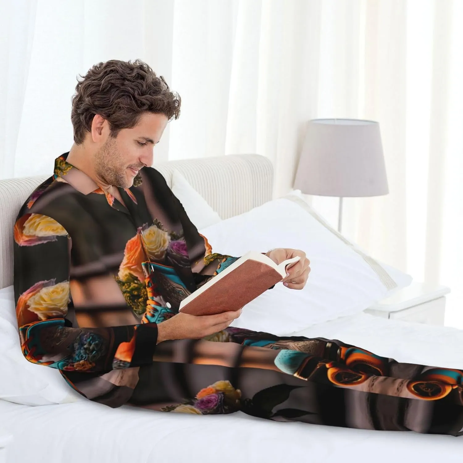 Mens Pajamas Set - Classic Floral Blue Skate Shoes Long Sleeve Sleepwear Nightwear Pjs Lounge Pajama Sets For Men