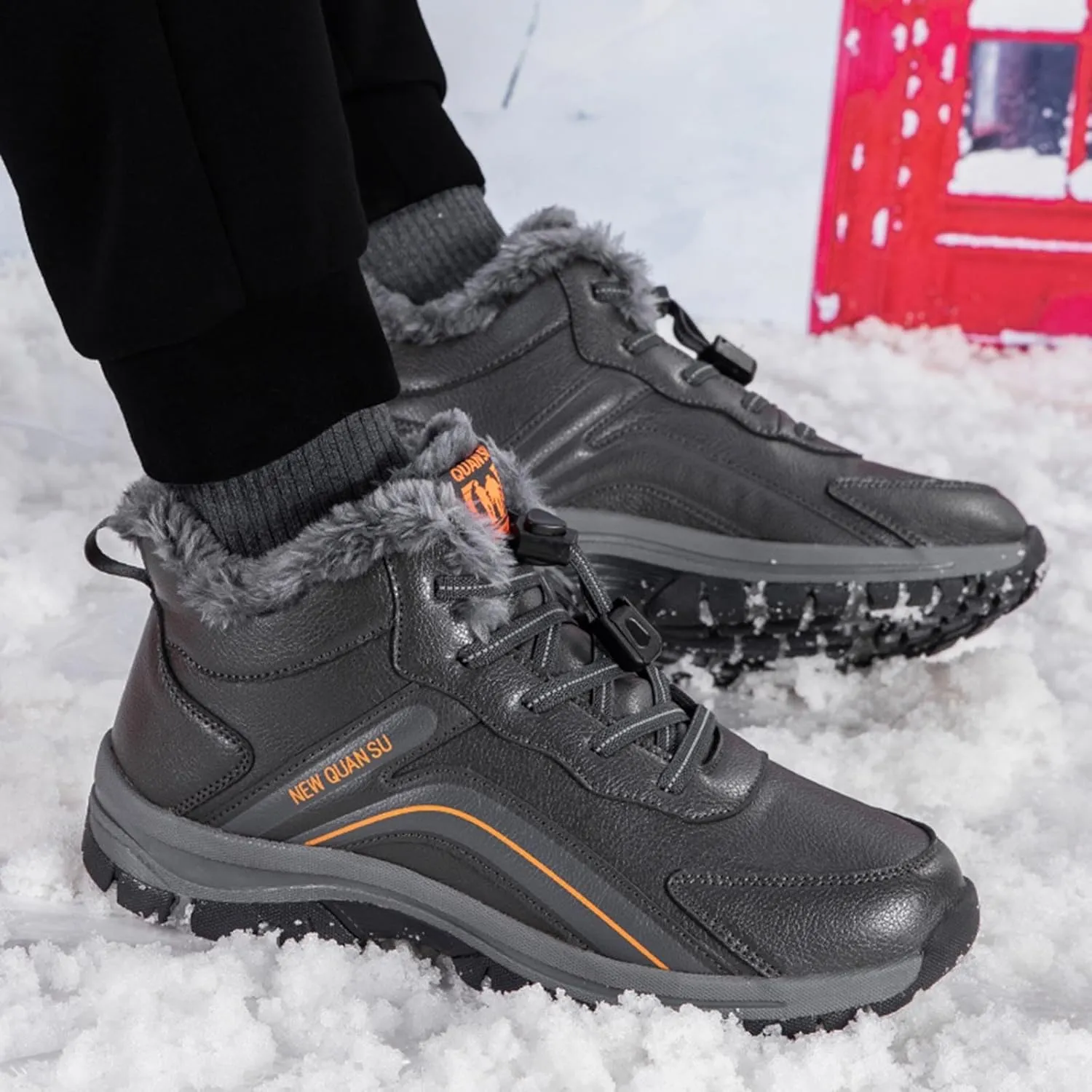 Men's Snow Boots Waterproof Furry Lined Warm Winter Boots Lace Up Sneakers Cold Weather Anti-Slip Ankle Boots Slip on Athletic Hiking Walking Shoes Sneakers
