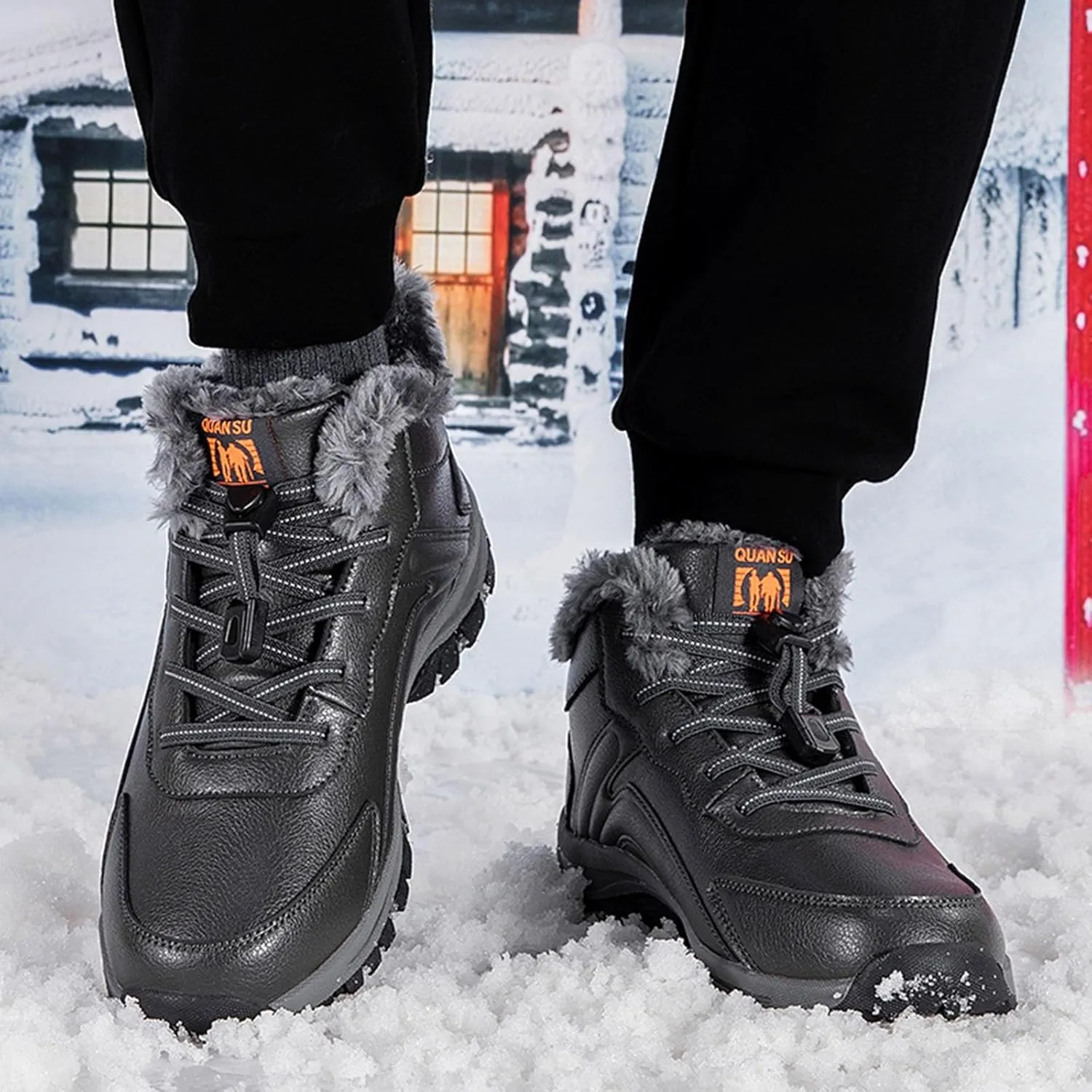Men's Snow Boots Waterproof Furry Lined Warm Winter Boots Lace Up Sneakers Cold Weather Anti-Slip Ankle Boots Slip on Athletic Hiking Walking Shoes Sneakers