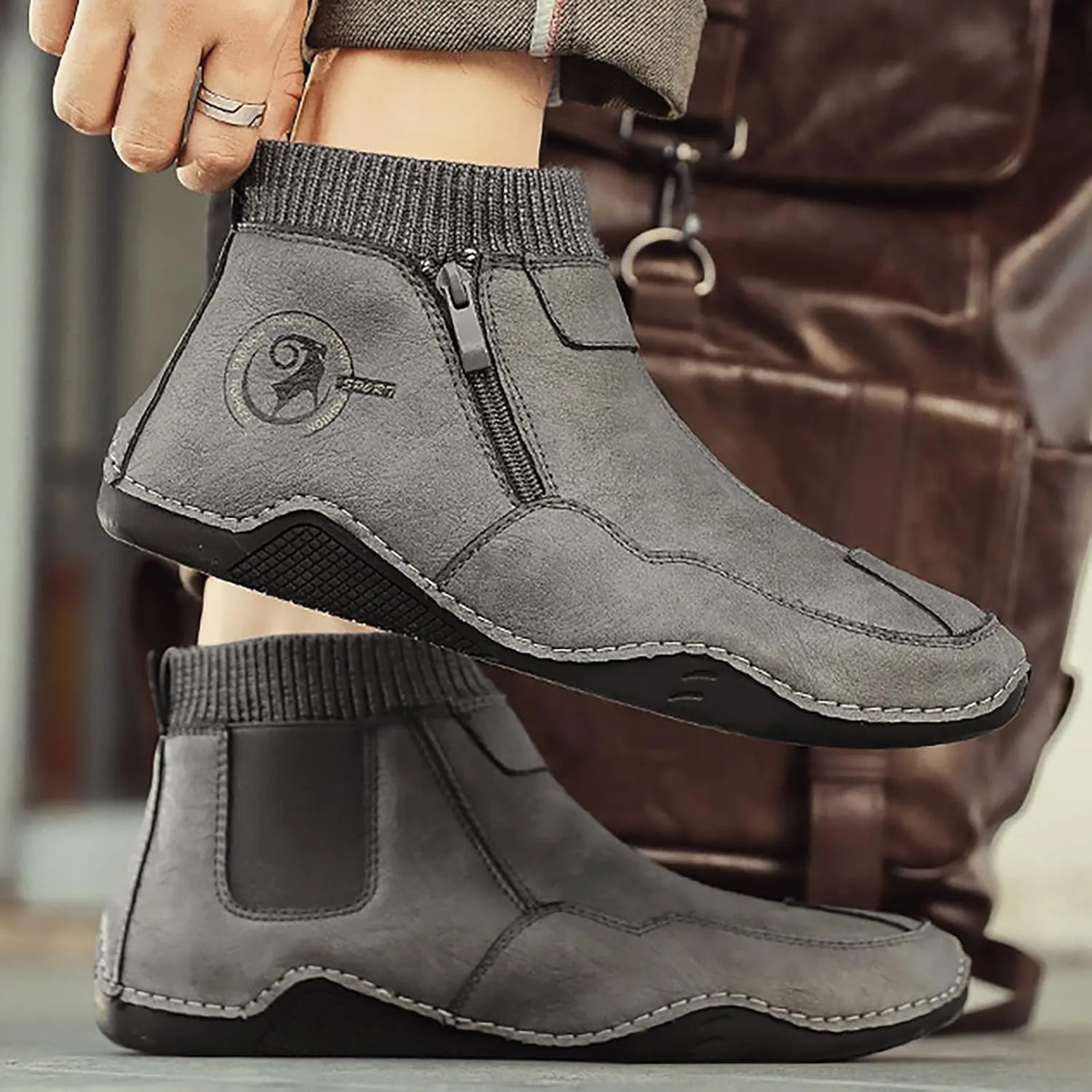 Men's Snow Boots Waterproof Warm Furry Lined Knit Calf Winter Boots Zipper Cold-Weather Non-Slip Ankle Boots Comfortable Slip on Hiking Walking Shoes Sneakers