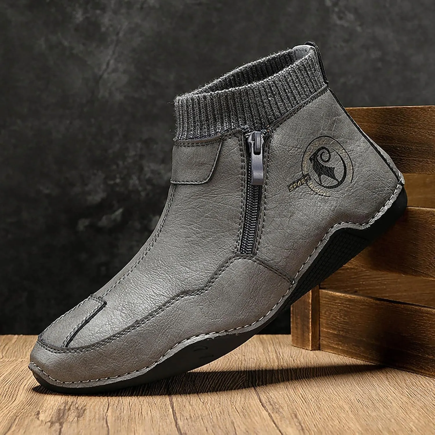 Men's Snow Boots Waterproof Warm Furry Lined Knit Calf Winter Boots Zipper Cold-Weather Non-Slip Ankle Boots Comfortable Slip on Hiking Walking Shoes Sneakers
