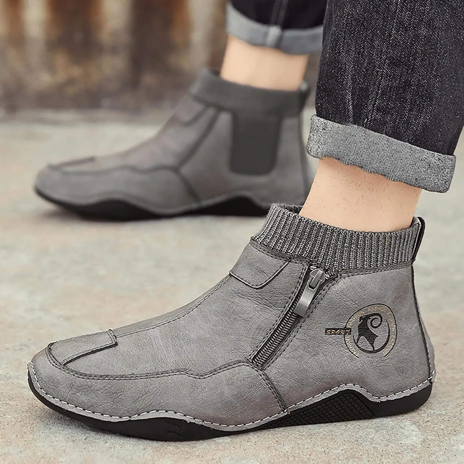 Men's Snow Boots Waterproof Warm Furry Lined Knit Calf Winter Boots Zipper Cold-Weather Non-Slip Ankle Boots Comfortable Slip on Hiking Walking Shoes Sneakers