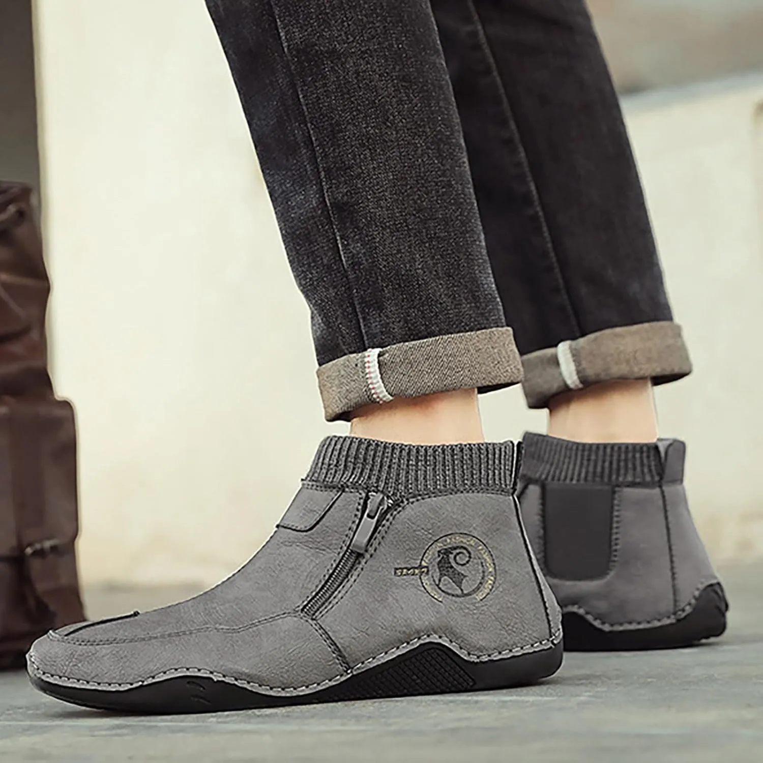 Men's Snow Boots Waterproof Warm Furry Lined Knit Calf Winter Boots Zipper Cold-Weather Non-Slip Ankle Boots Comfortable Slip on Hiking Walking Shoes Sneakers