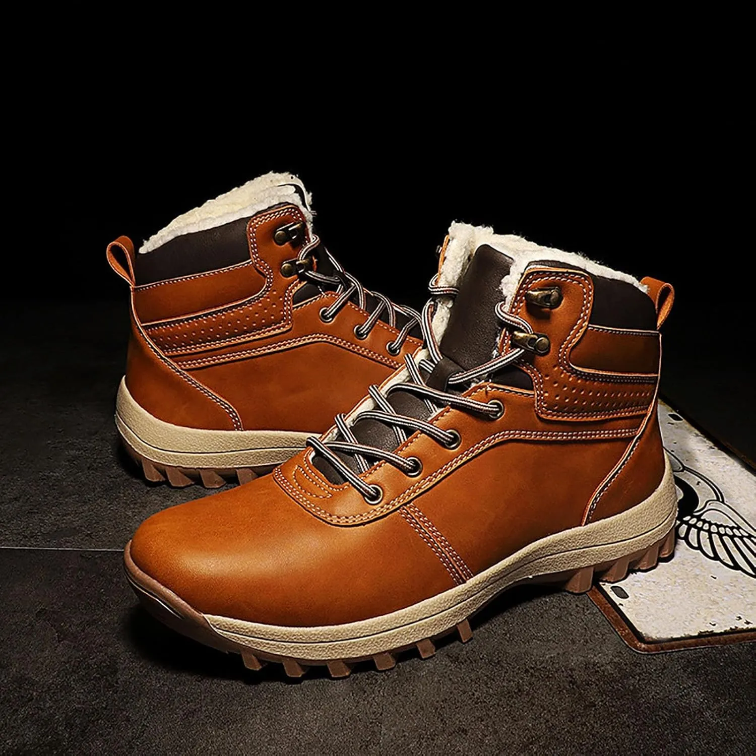 Mens Snow Boots Waterproof Warm Furry Lined Winter Boots Lace Up Cold-Weather Non-Slip Ankle Boots Slip on Athletic Lightweight Hiking Shoes