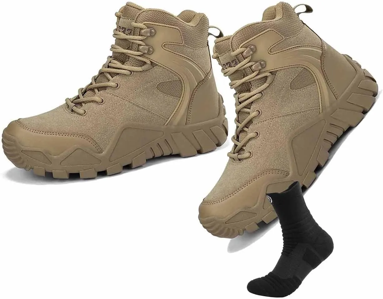 Men's Waterproof Hiking Work Boots, Water Proof Tactical Military Outdoor Desert Combat Boots with Sports Socks Durable Army Combat Boots