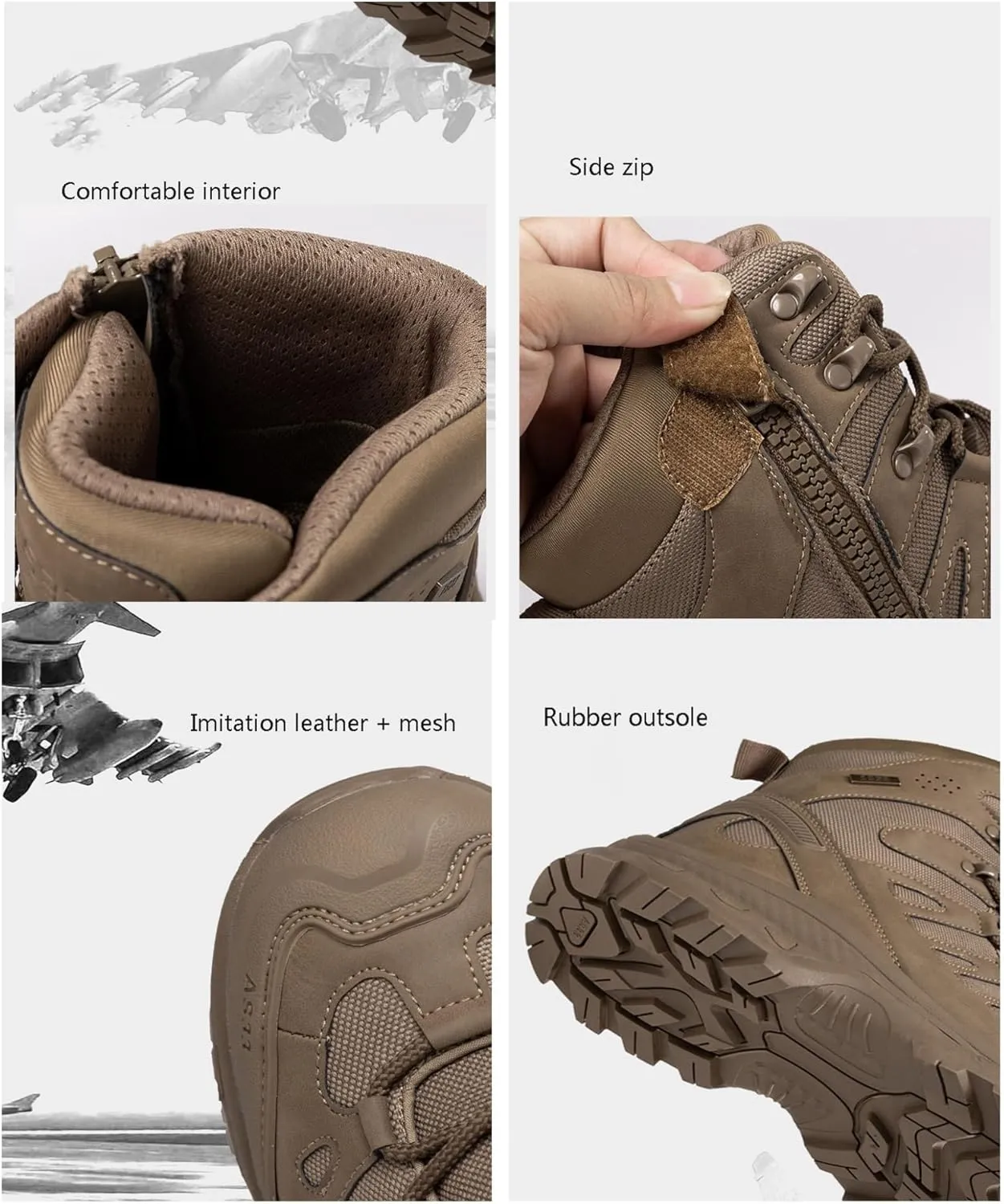 Men's Work Boots Side Zipper, Mens Military Side Zip Waterproof Breathable Combat Boots, Lightweight Leather Motorcycle Combat Boots, for Hiking, Hunting, Working, Walking, Climbing