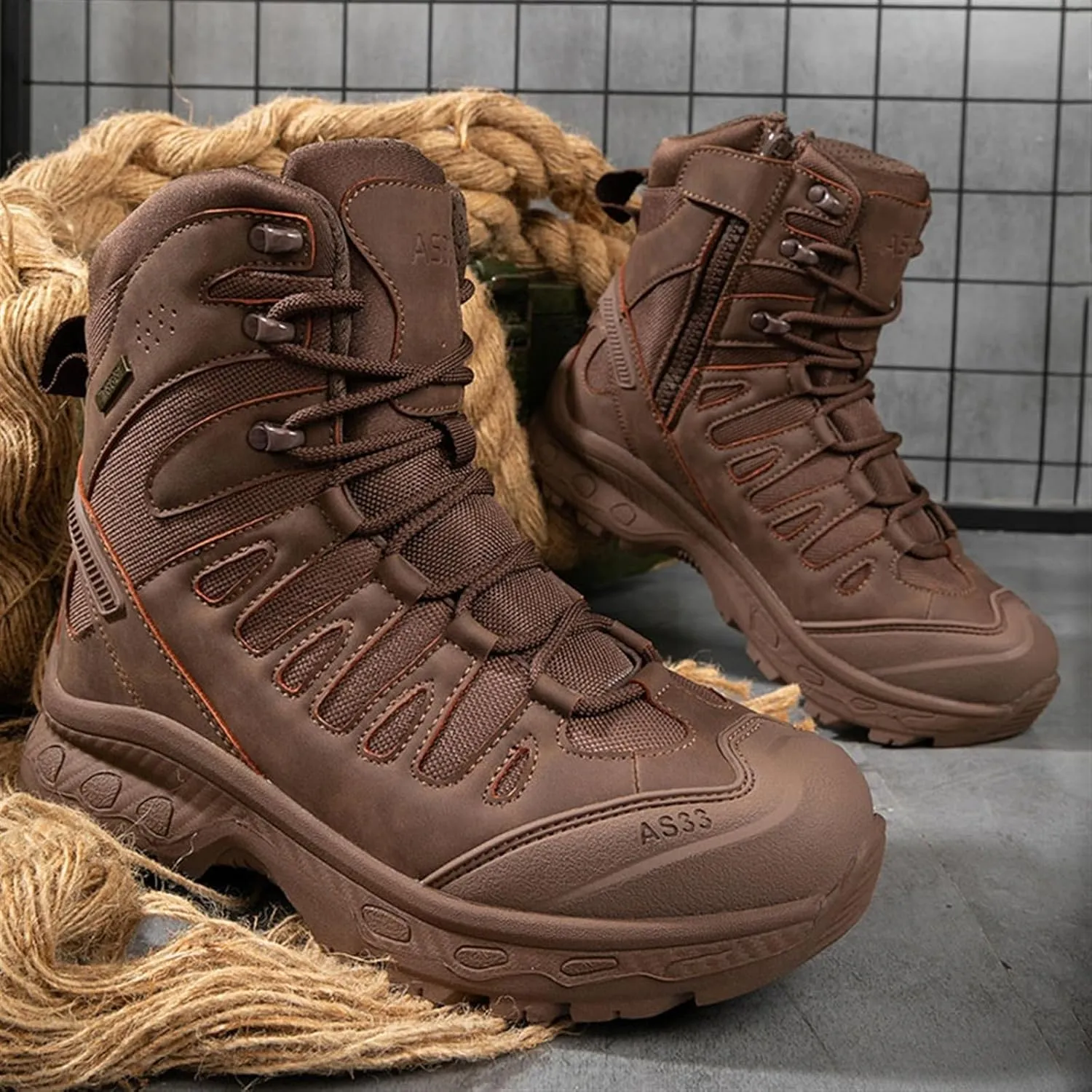 Men's Work Boots Side Zipper, Mens Military Side Zip Waterproof Breathable Combat Boots, Lightweight Leather Motorcycle Combat Boots, for Hiking, Hunting, Working, Walking, Climbing
