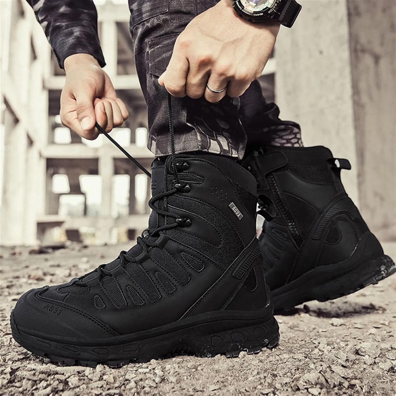 Men's Work Boots Side Zipper, Mens Military Side Zip Waterproof Breathable Combat Boots, Lightweight Leather Motorcycle Combat Boots, for Hiking, Hunting, Working, Walking, Climbing