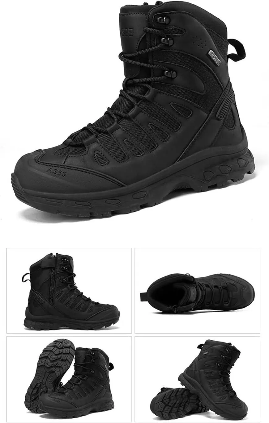 Men's Work Boots Side Zipper, Mens Military Side Zip Waterproof Breathable Combat Boots, Lightweight Leather Motorcycle Combat Boots, for Hiking, Hunting, Working, Walking, Climbing