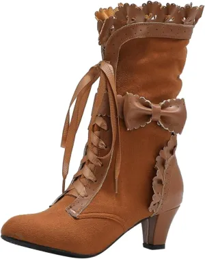 Mid Calf Boots for Women, Vintage Dress Riding Fall Shoes Lace Up Victorian Boots With Bow Witch Mid Calf Up Combat Boots