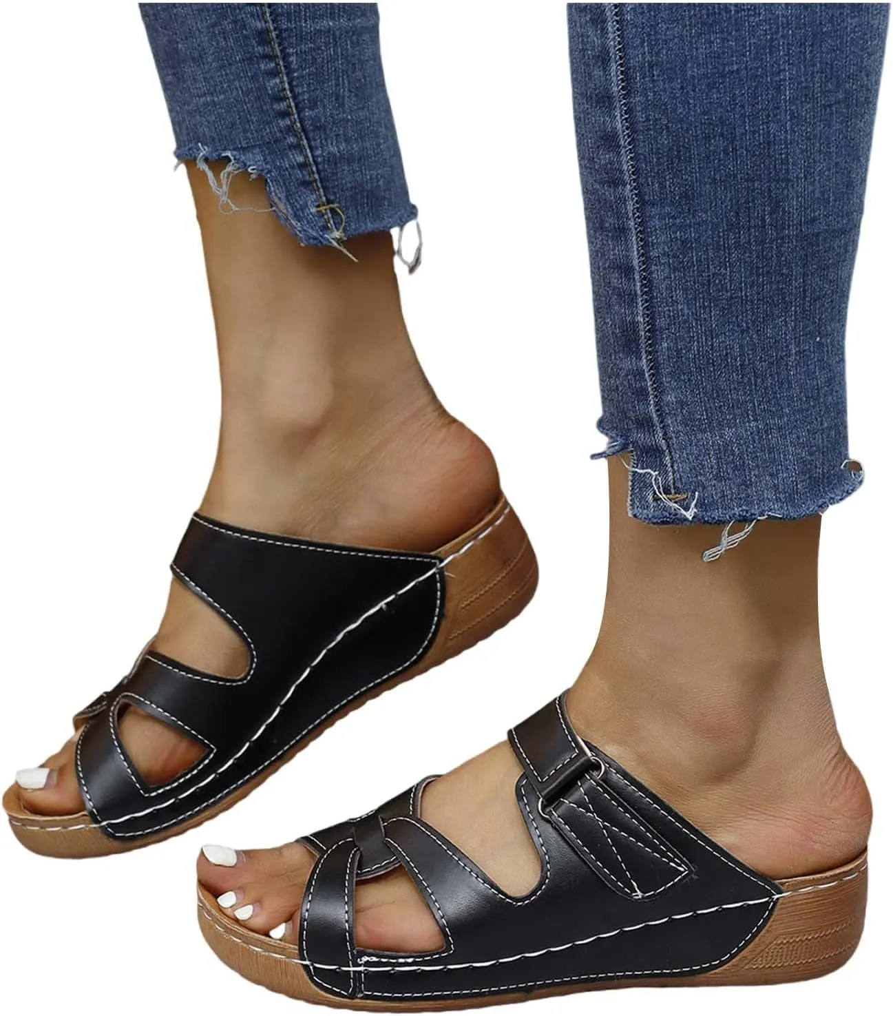 Peep Toe Wedges for Women Dressy Wide Width Orthopedic Wedge Sandals with Arch Support Walking Flip Flops