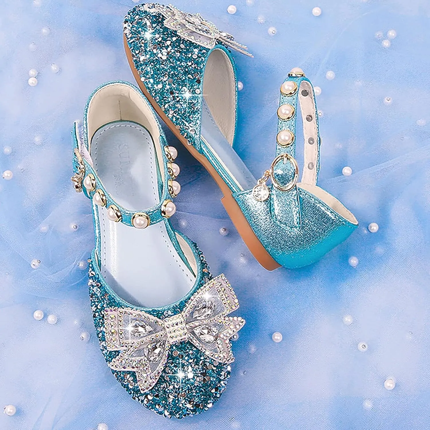 Princess Girls Rhinestone Bowknot Dress Shoes Flower Girls Glitter Sequins Closed Toe Kids Wedding Party Sandals