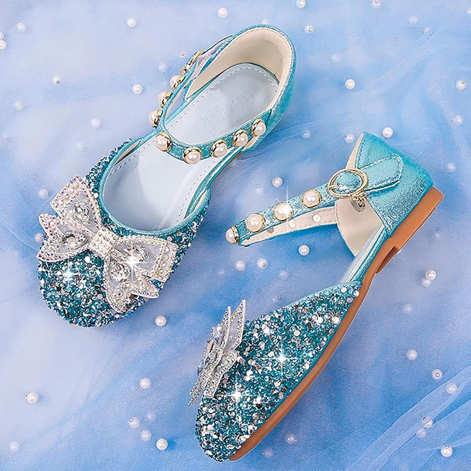 Princess Girls Rhinestone Bowknot Dress Shoes Flower Girls Glitter Sequins Closed Toe Kids Wedding Party Sandals