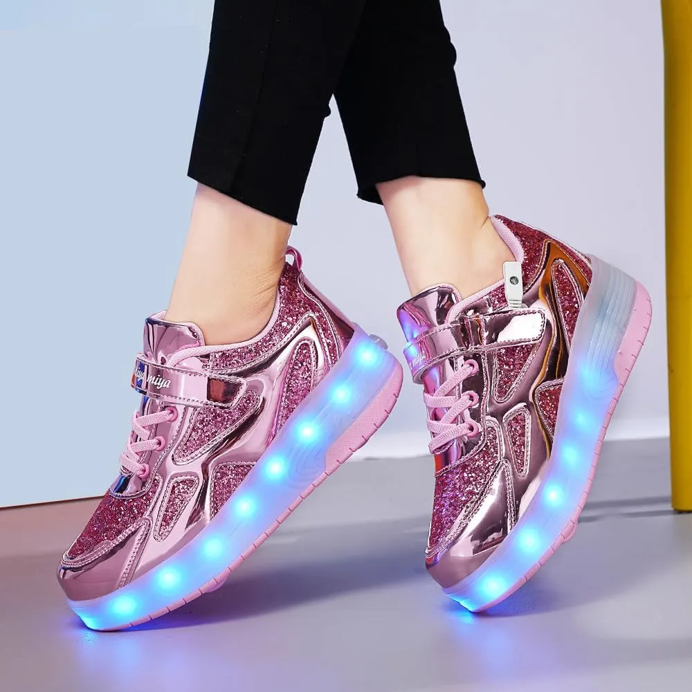 Roller Shoes Girls Sneakers USB Rechargeable 2 Wheels Shoes Roller Skates for Beginner Trainers 16 Modes LED Light Up Flashing Sneaker for Unisex Kids Skate Boys Stylish Footwear Gifts