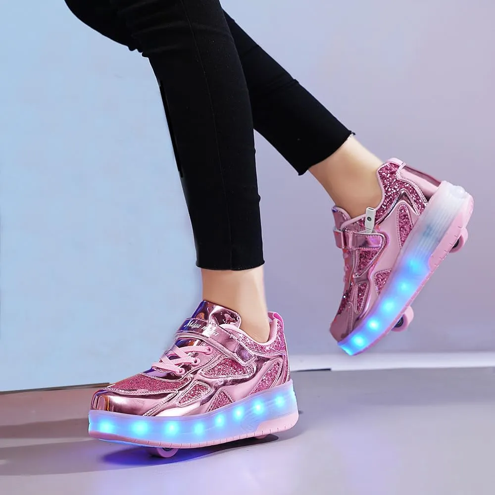 Roller Shoes Girls Sneakers USB Rechargeable 2 Wheels Shoes Roller Skates for Beginner Trainers 16 Modes LED Light Up Flashing Sneaker for Unisex Kids Skate Boys Stylish Footwear Gifts