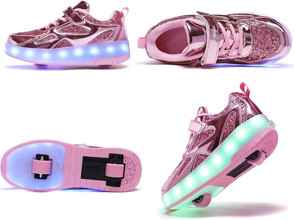 Roller Shoes Girls Sneakers USB Rechargeable 2 Wheels Shoes Roller Skates for Beginner Trainers 16 Modes LED Light Up Flashing Sneaker for Unisex Kids Skate Boys Stylish Footwear Gifts