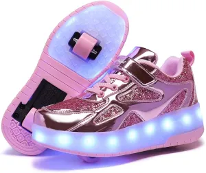 Roller Shoes Girls Sneakers USB Rechargeable 2 Wheels Shoes Roller Skates for Beginner Trainers 16 Modes LED Light Up Flashing Sneaker for Unisex Kids Skate Boys Stylish Footwear Gifts