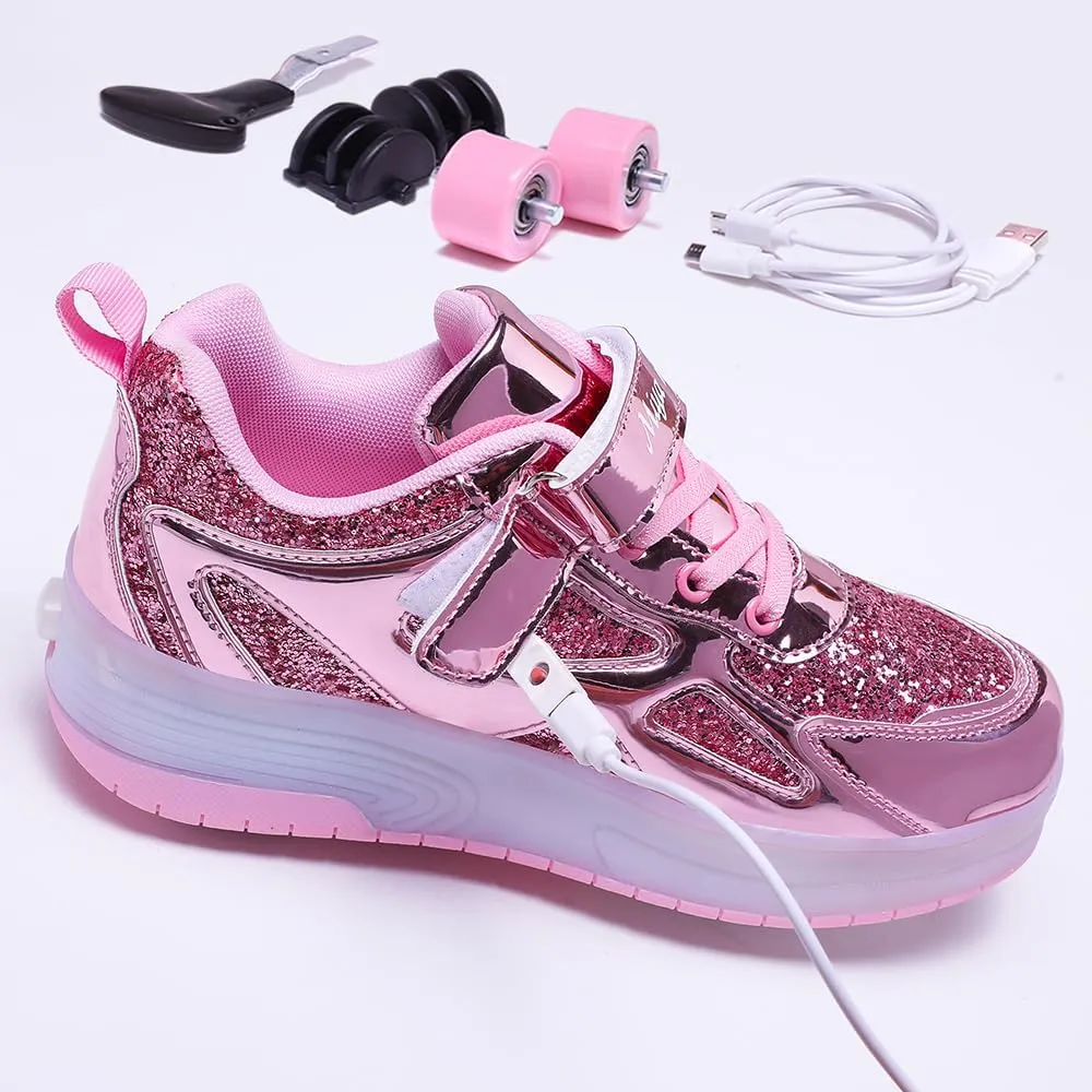 Roller Shoes Girls Sneakers USB Rechargeable 2 Wheels Shoes Roller Skates for Beginner Trainers 16 Modes LED Light Up Flashing Sneaker for Unisex Kids Skate Boys Stylish Footwear Gifts