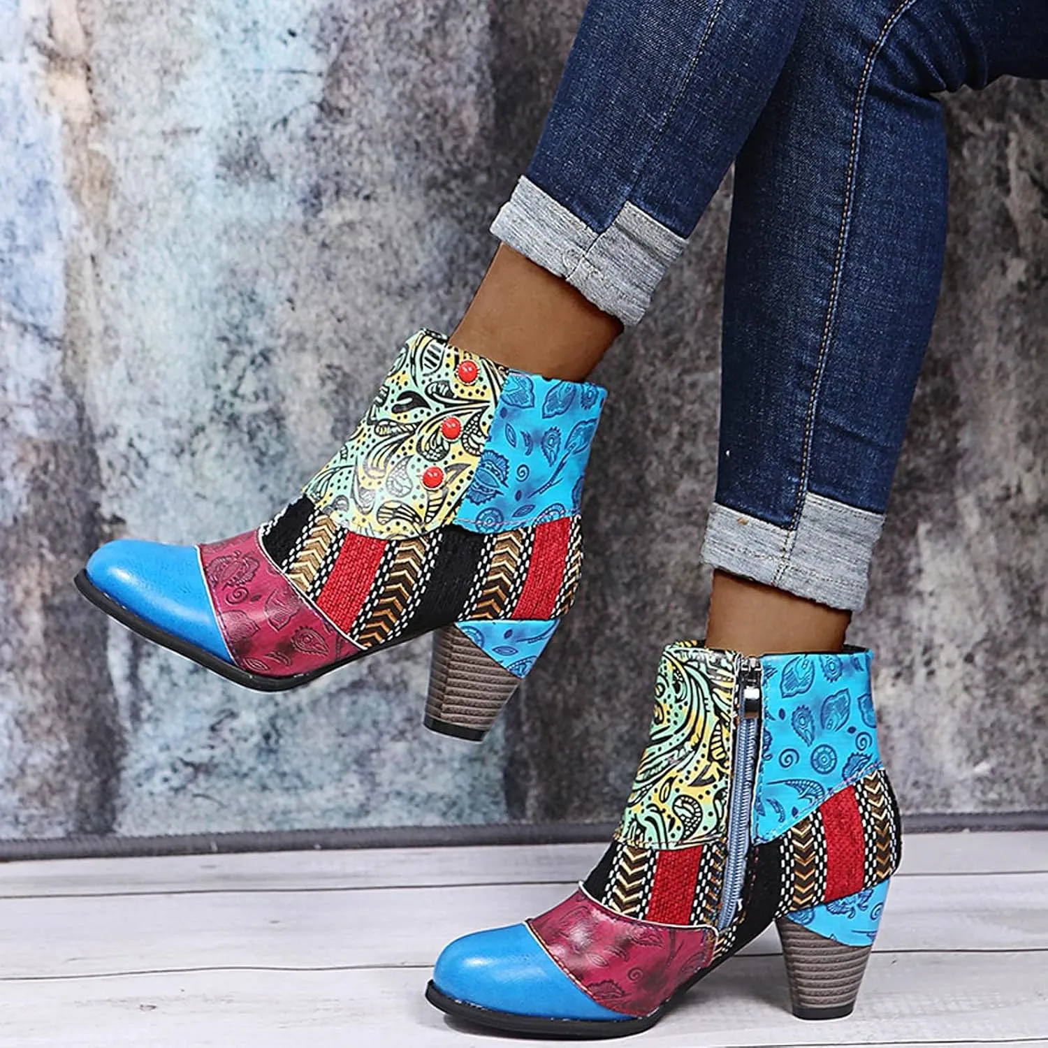 SBGMoSJ Ankle Boots Men Western High Heels Ankle Boots for Women Womens Black Dress Boots Ankle Wide Ankle Booties Women's Ankle Boots Blue Leather
