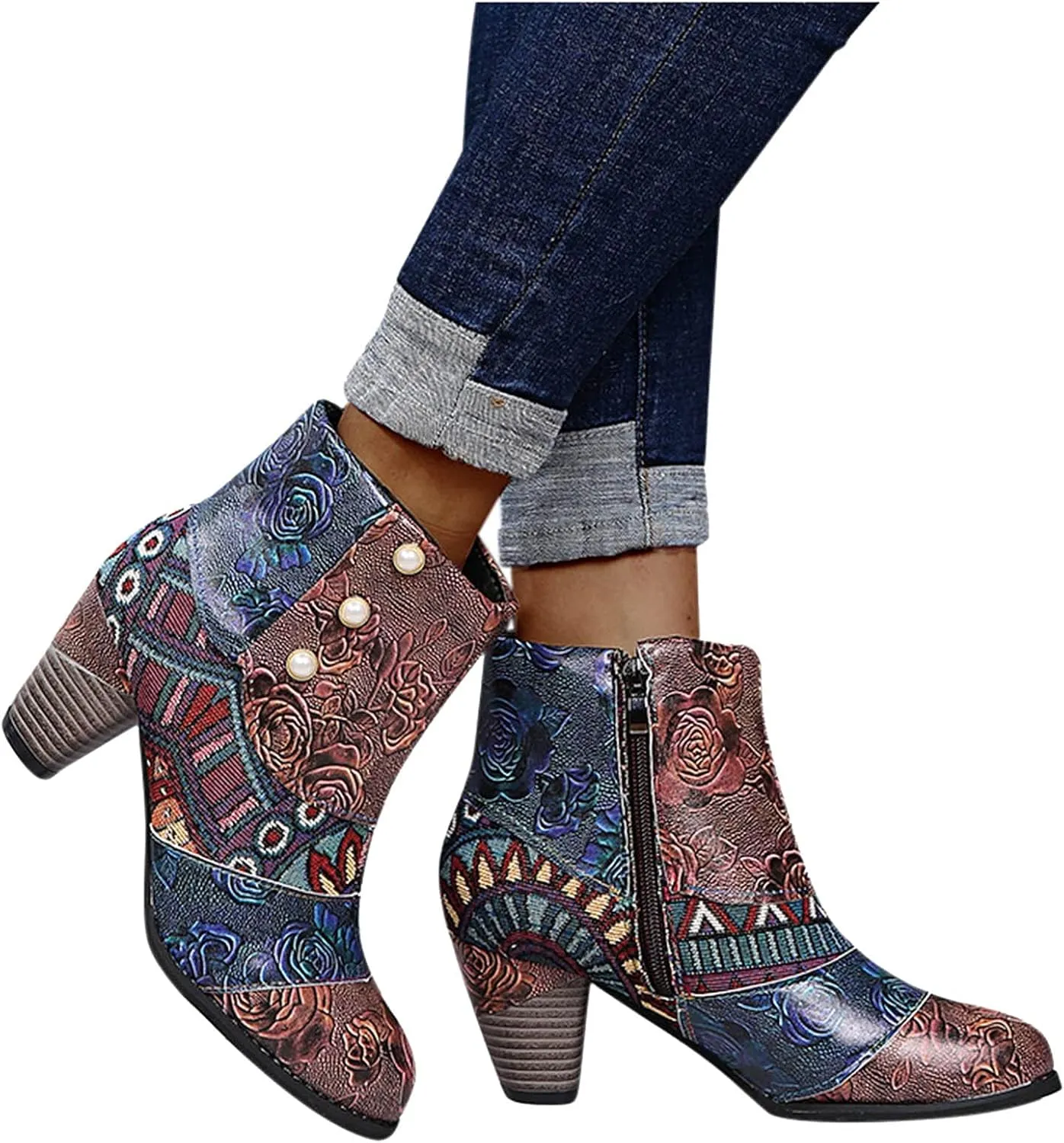 SBGMoSJ Ankle Boots Men Western High Heels Ankle Boots for Women Womens Black Dress Boots Ankle Wide Ankle Booties Women's Ankle Boots Blue Leather