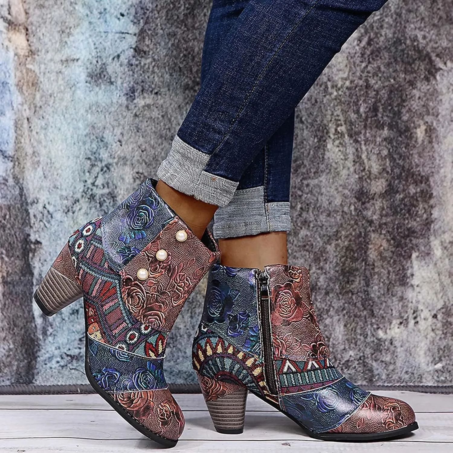 SBGMoSJ Ankle Boots Men Western High Heels Ankle Boots for Women Womens Black Dress Boots Ankle Wide Ankle Booties Women's Ankle Boots Blue Leather