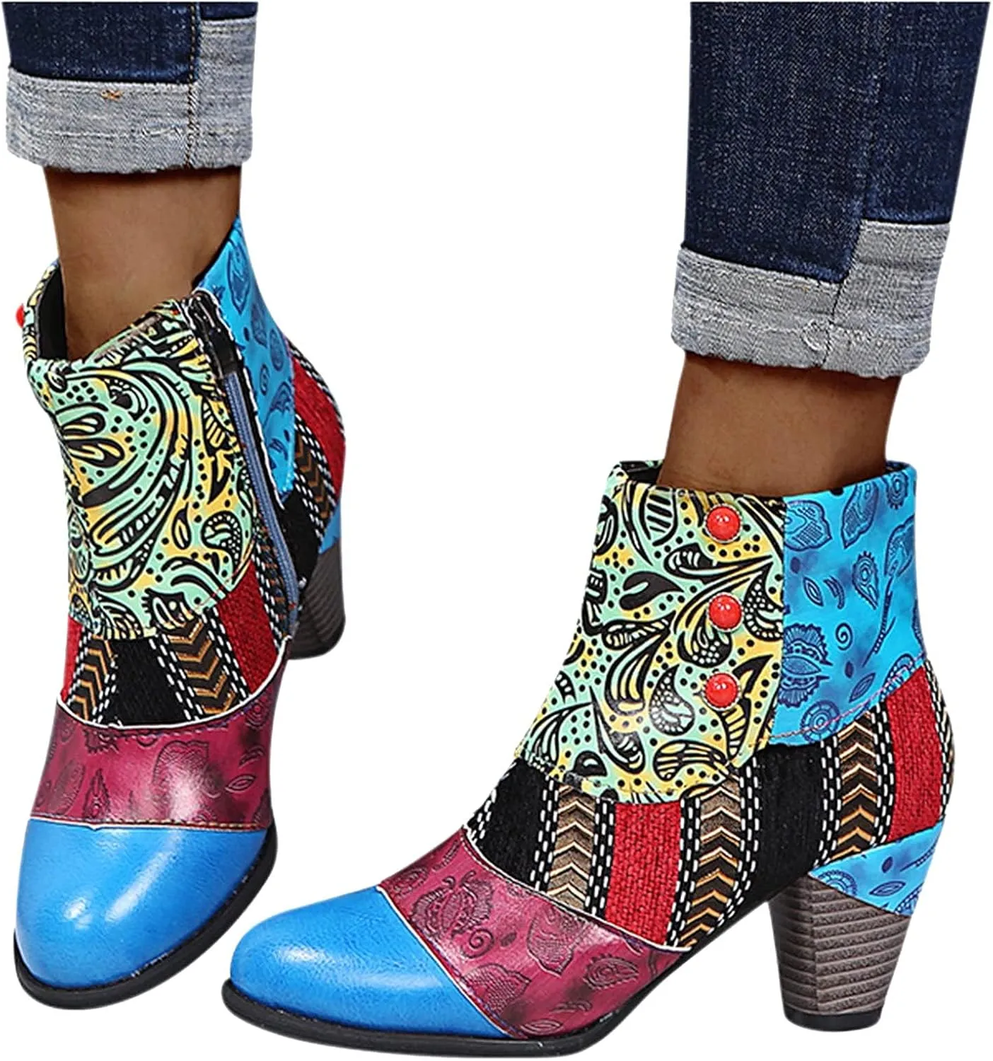 SBGMoSJ Ankle Boots Men Western High Heels Ankle Boots for Women Womens Black Dress Boots Ankle Wide Ankle Booties Women's Ankle Boots Blue Leather