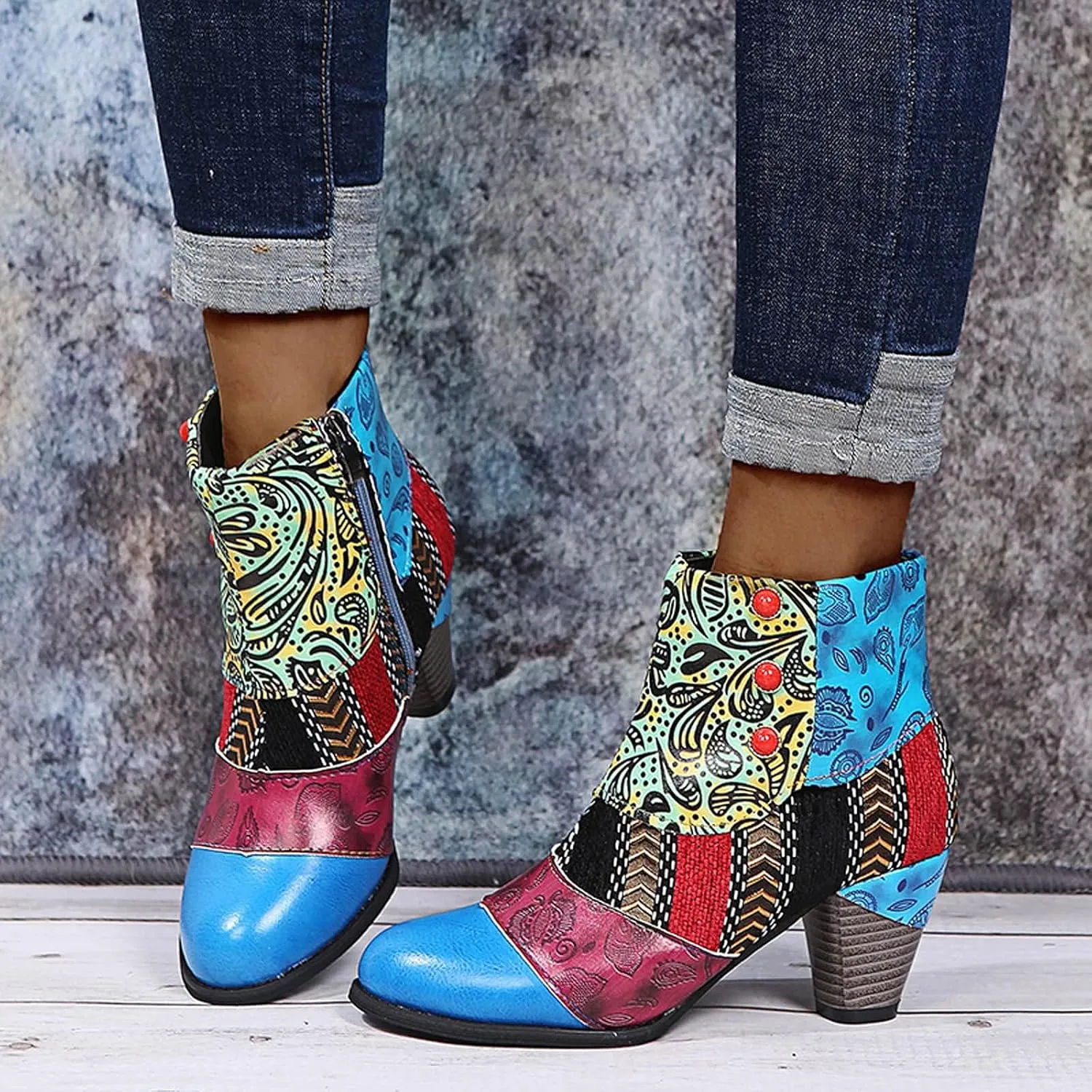 SBGMoSJ Ankle Boots Men Western High Heels Ankle Boots for Women Womens Black Dress Boots Ankle Wide Ankle Booties Women's Ankle Boots Blue Leather