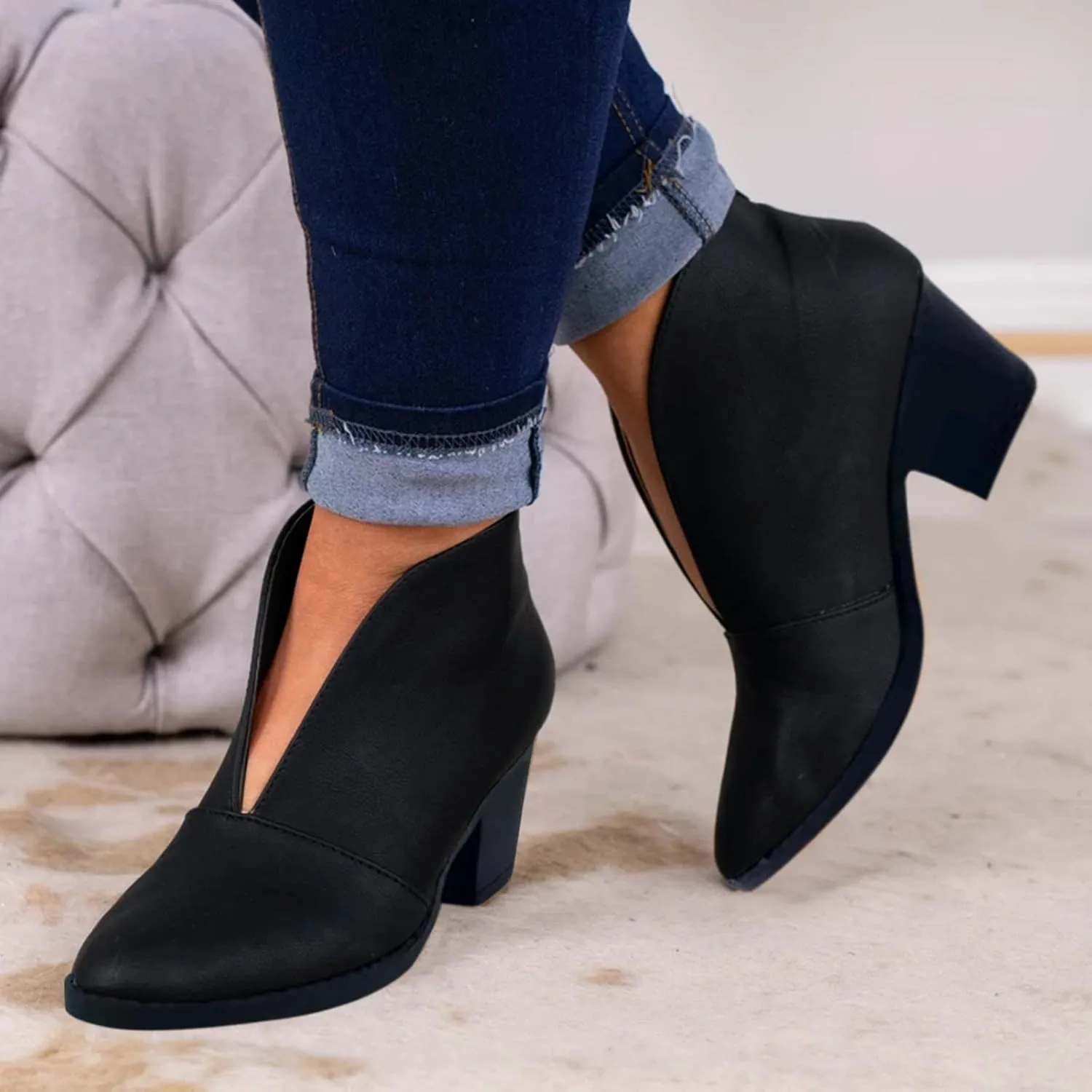 SBGMoSJ Women's Leather Ankle Boots Shoes Zipper Winter Booties Women Ankle Boots Black Ankle Cowboy Boots for Women Low Heel Black Booties for Women with Studs Fall Ankle Boots for Women Heel