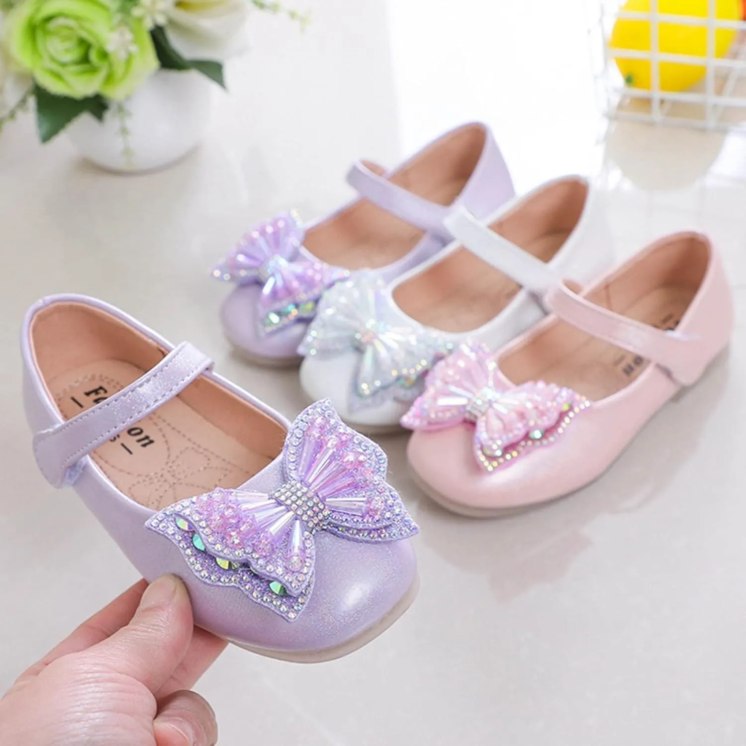 Sequins Bowknot Mary Jane Flat for Girls Party Wedding Ballerina Shoes Ballet Dance Toddler Princess Dress Shoes