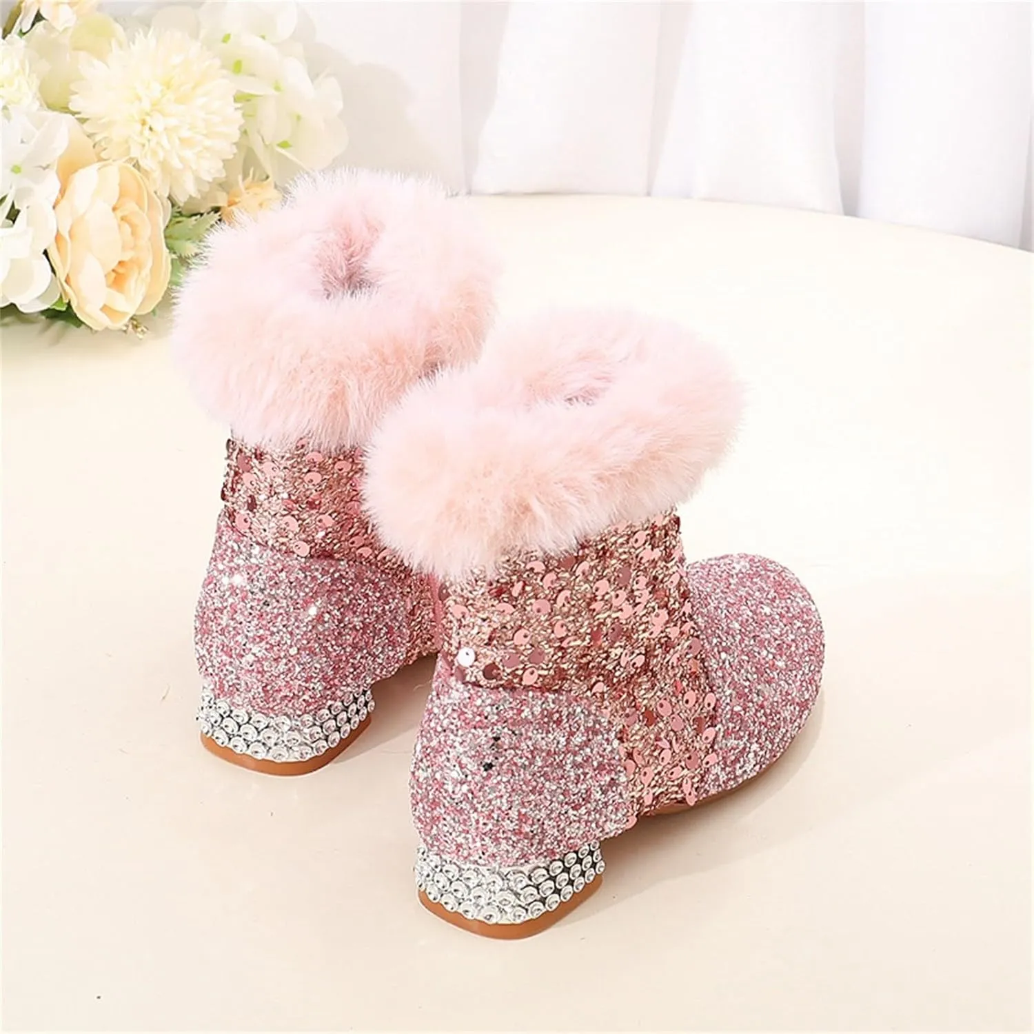 Sequins Fuzzy Snow Booties For Girls Kids High Heel Side Zipper Glitter Shoes Boots Childrens Outdoor Dress Dance Shoes