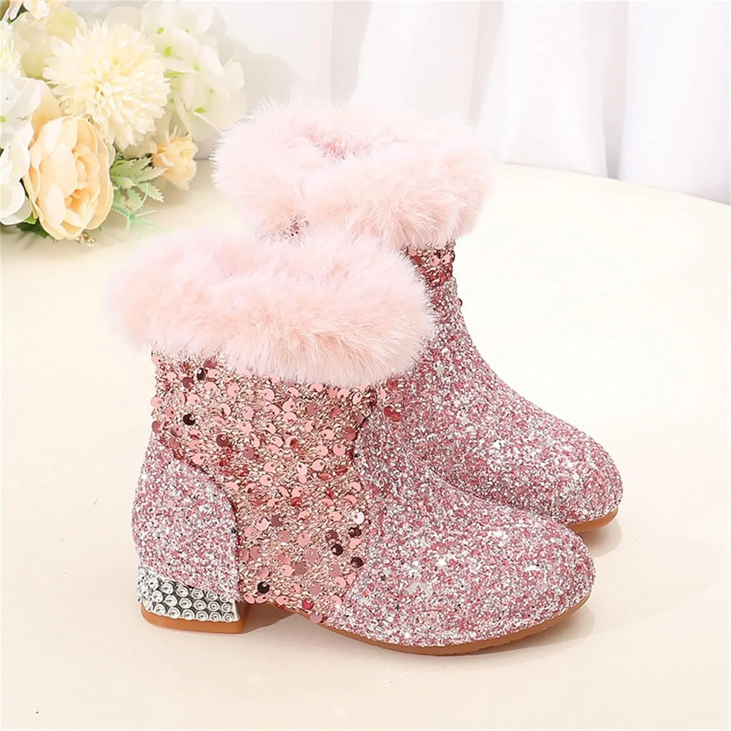 Sequins Fuzzy Snow Booties For Girls Kids High Heel Side Zipper Glitter Shoes Boots Childrens Outdoor Dress Dance Shoes