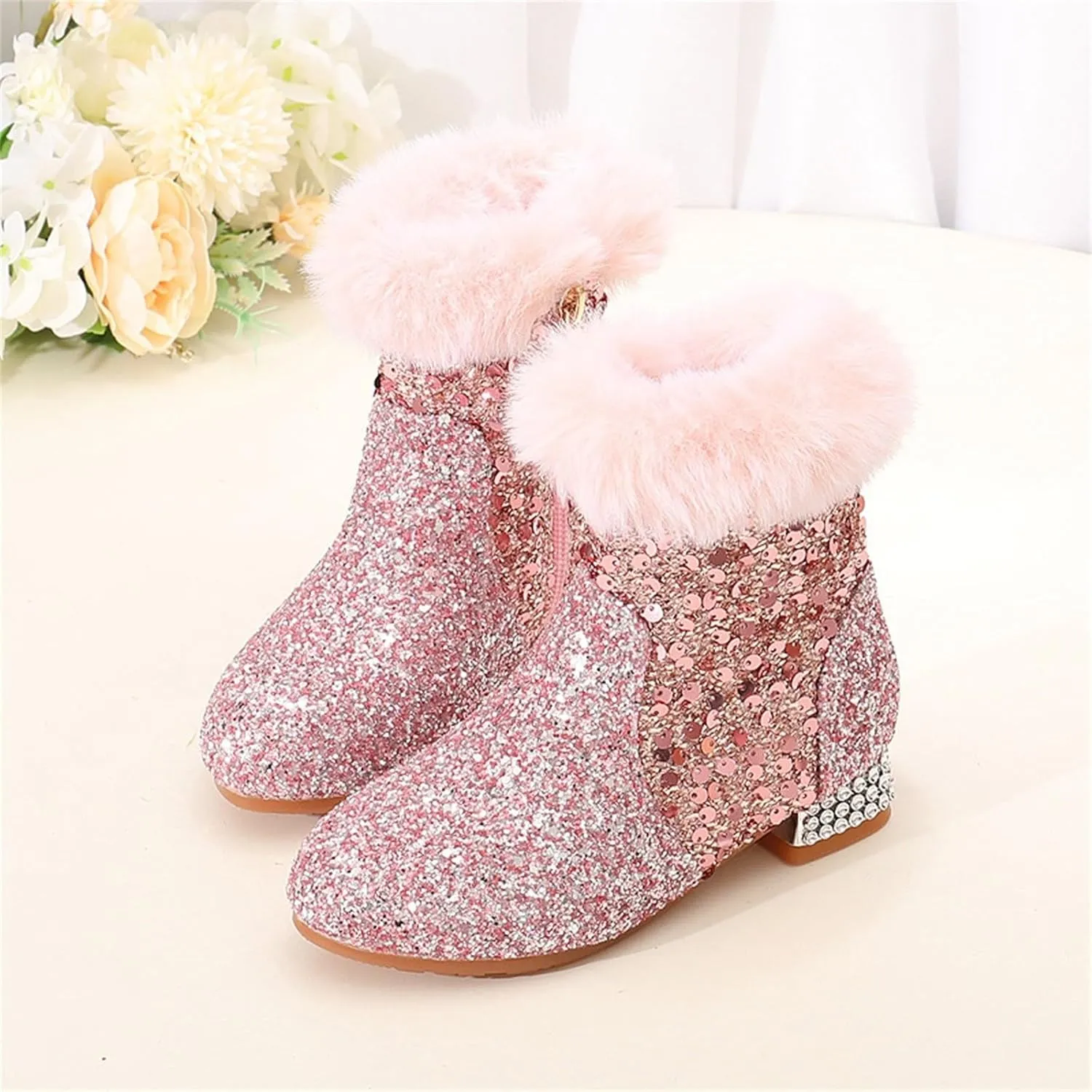 Sequins Fuzzy Snow Booties For Girls Kids High Heel Side Zipper Glitter Shoes Boots Childrens Outdoor Dress Dance Shoes