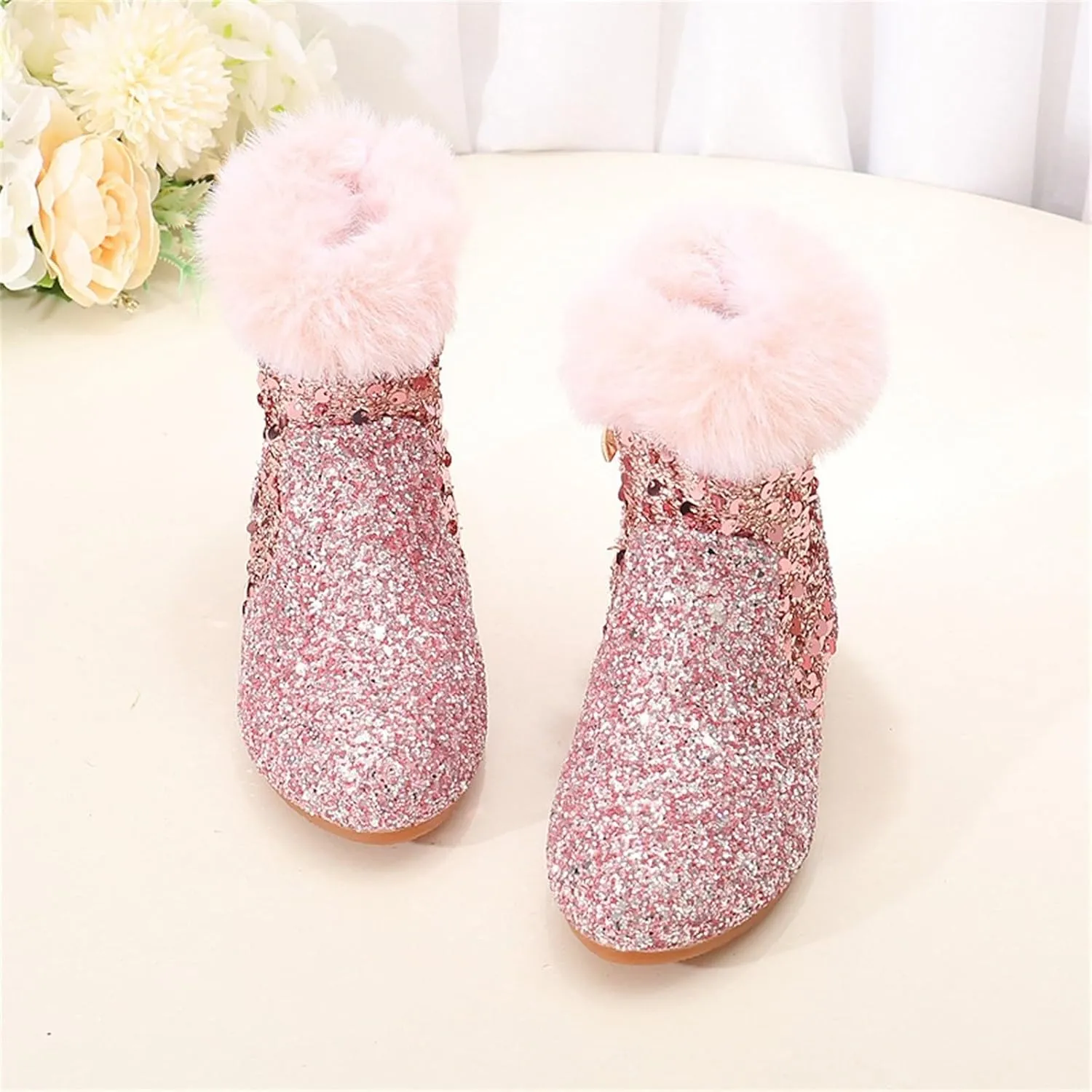 Sequins Fuzzy Snow Booties For Girls Kids High Heel Side Zipper Glitter Shoes Boots Childrens Outdoor Dress Dance Shoes