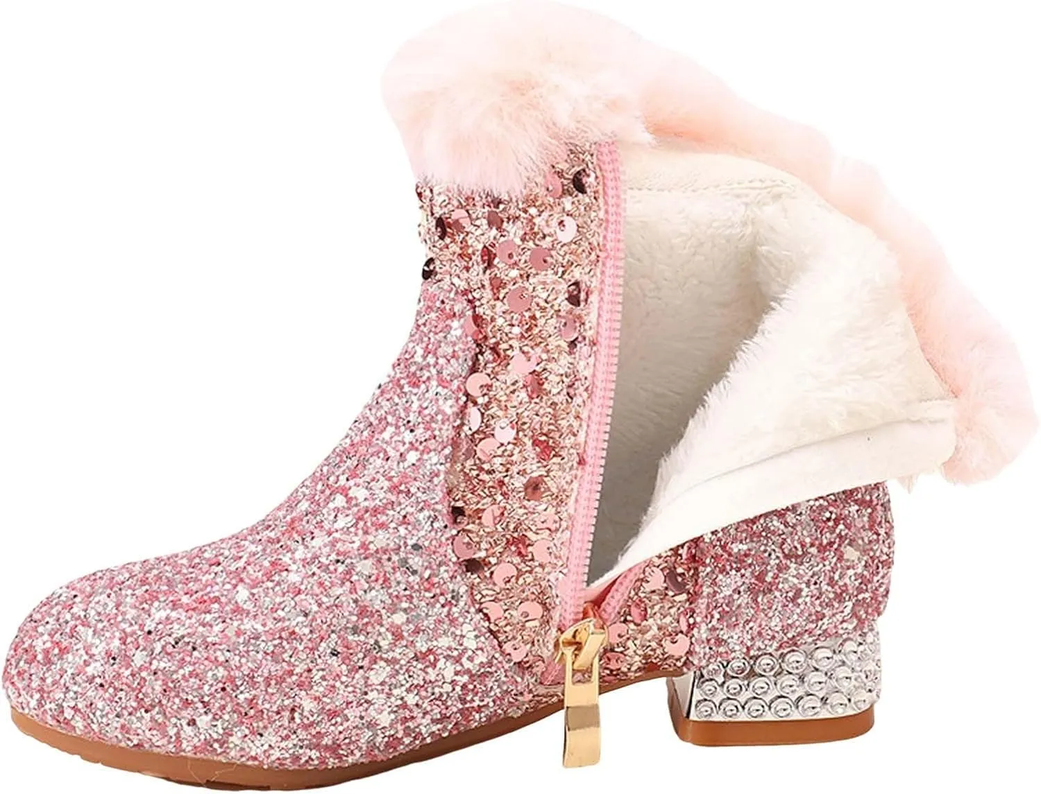 Sequins Fuzzy Snow Booties For Girls Kids High Heel Side Zipper Glitter Shoes Boots Childrens Outdoor Dress Dance Shoes