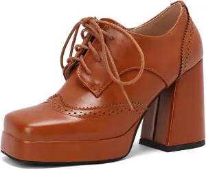 SHEMEE Multi-Colored Oxford Heels for Women Square Toe Chunky High Heels Platform Pumps Lace Up Derby Shoe Leisure Perforated Brogues Work Office Dress Shoes