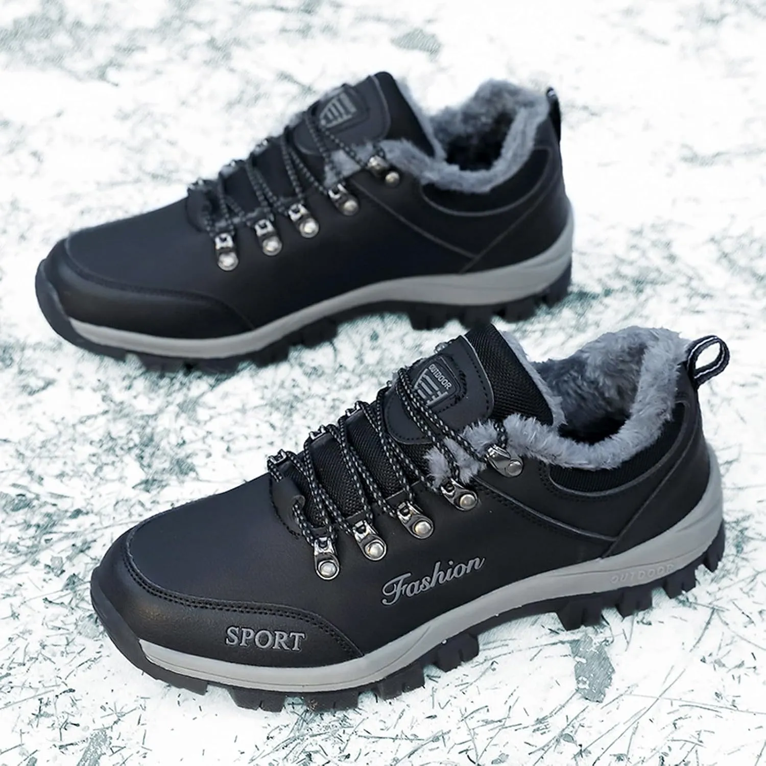 Snow Boots for Men Waterproof Fuzzy Furry Lined Winter Boots Lace Up Sneakers Cold Weather Anti-Slip Ankle Boots Slip on Athletic Hiking Walking Shoes Sneakers