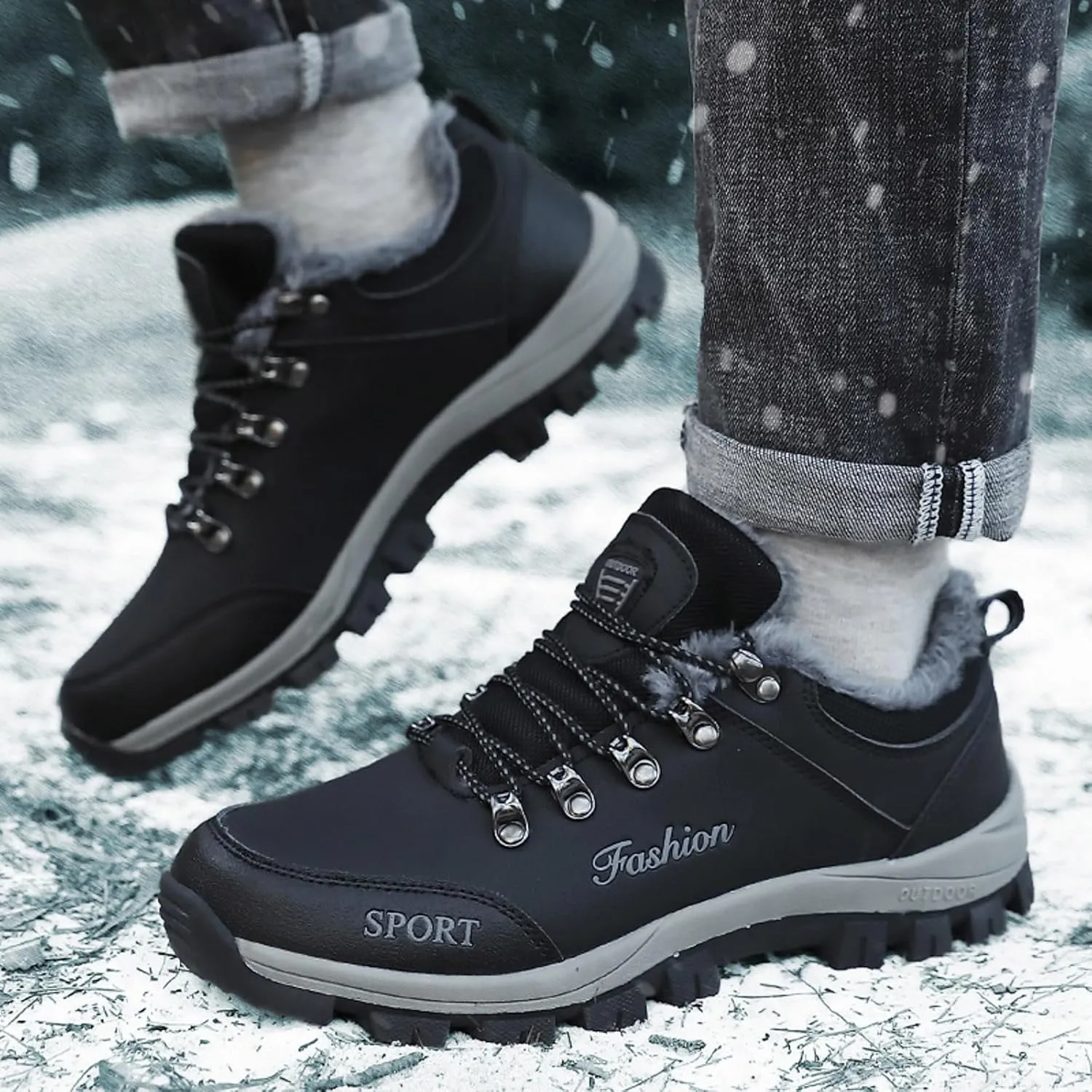 Snow Boots for Men Waterproof Fuzzy Furry Lined Winter Boots Lace Up Sneakers Cold Weather Anti-Slip Ankle Boots Slip on Athletic Hiking Walking Shoes Sneakers