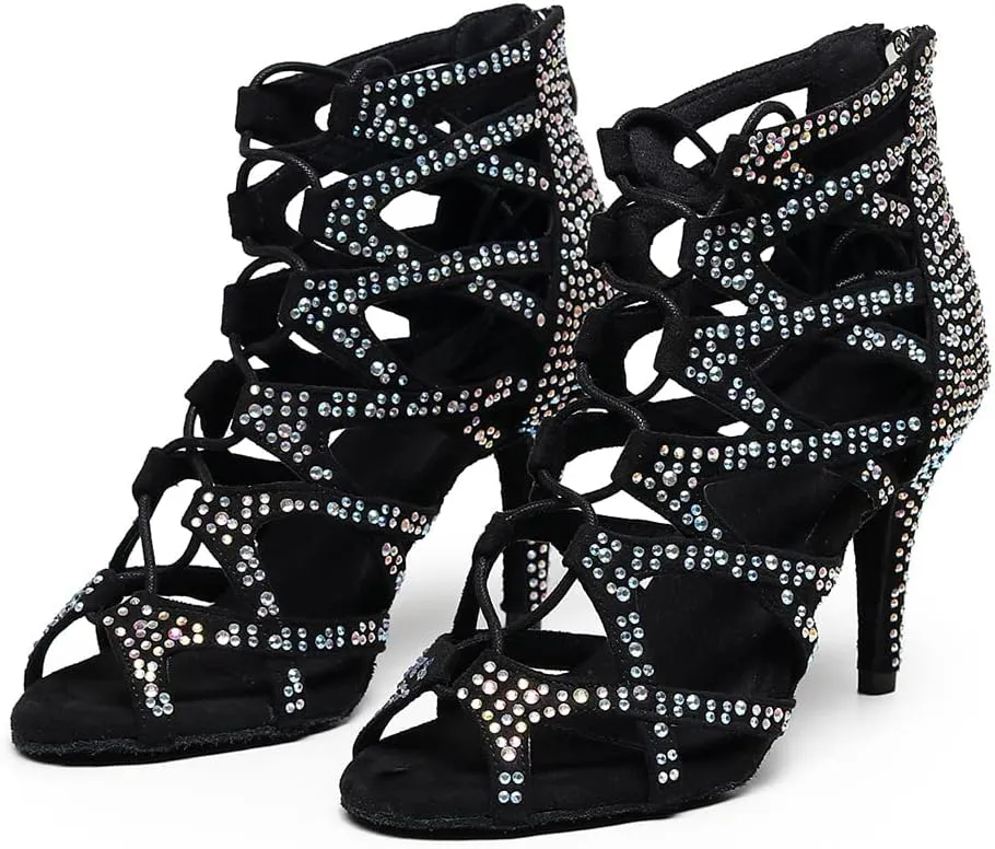 SWDZM Women Peep-Toe Latin Dance Shoes Rhinestone Salsa Tango Ballroom Professional Practice Performance Dance Boots,Model YCL485