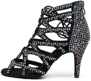 SWDZM Women Peep-Toe Latin Dance Shoes Rhinestone Salsa Tango Ballroom Professional Practice Performance Dance Boots,Model YCL485