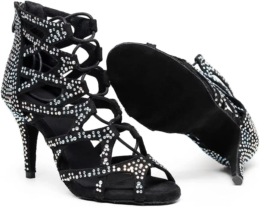 SWDZM Women Peep-Toe Latin Dance Shoes Rhinestone Salsa Tango Ballroom Professional Practice Performance Dance Boots,Model YCL485