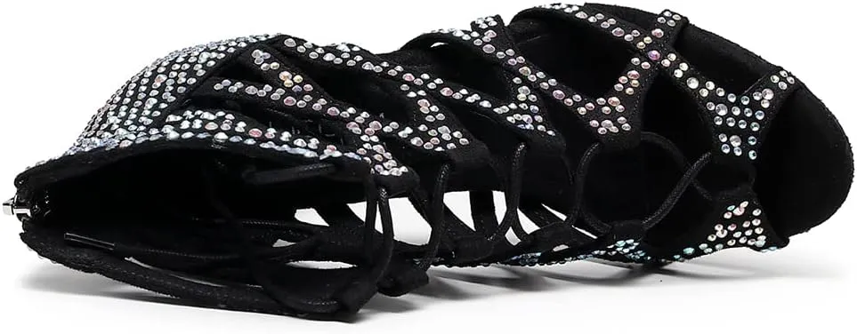 SWDZM Women Peep-Toe Latin Dance Shoes Rhinestone Salsa Tango Ballroom Professional Practice Performance Dance Boots,Model YCL485